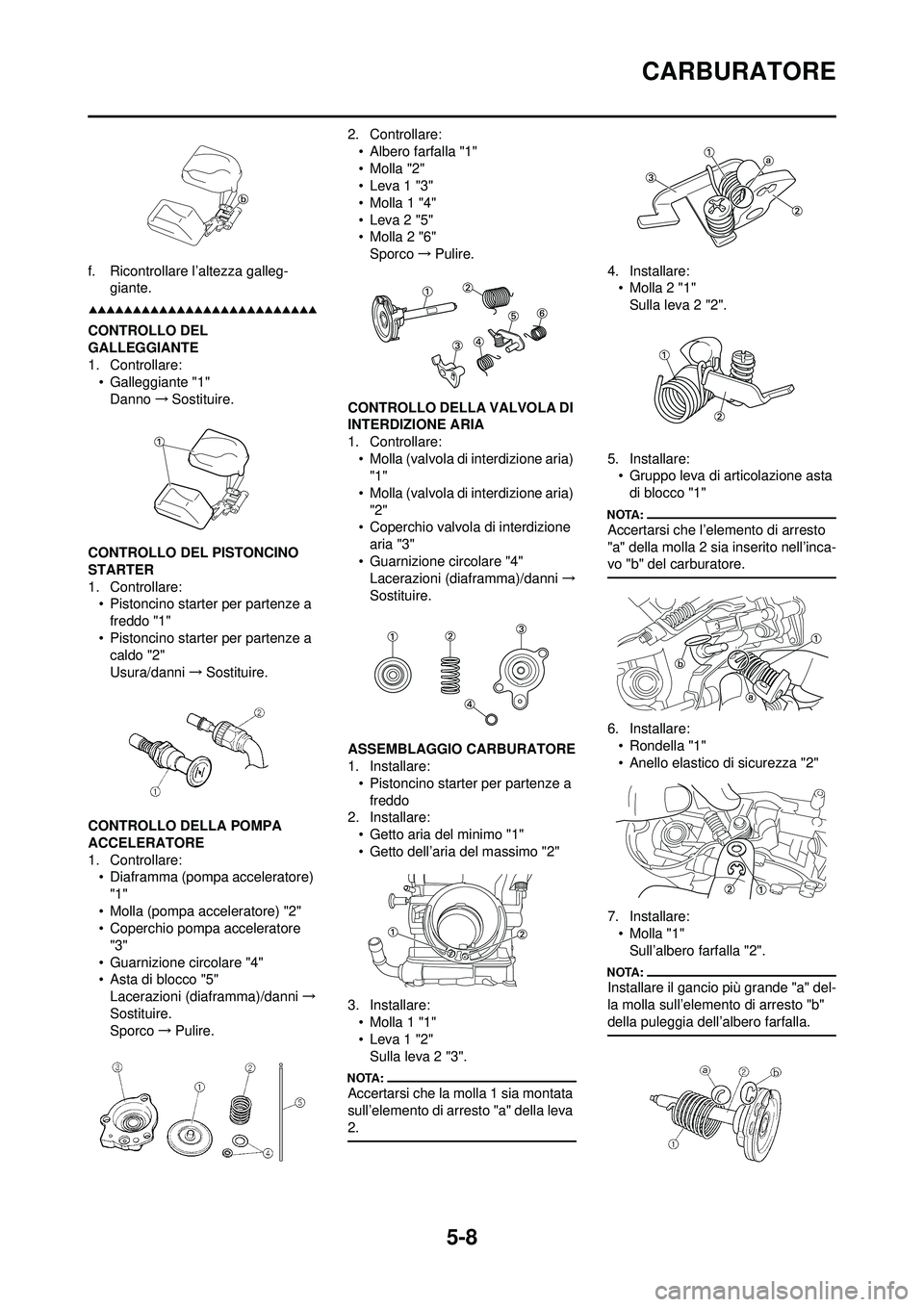 YAMAHA WR 250F 2008 Manuale duso (in Italian) 5-8
CARBURATORE
f. Ricontrollare l’altezza galleg-giante.
CONTROLLO DEL
GALLEGGIANTE
1. Controllare:• Galleggiante "1"
Danno →Sostituire.
CONTROLLO DEL PISTONCINO
STARTER
1. Controllare: • P YAMAHA WR 250F 2008 Manuale duso (in Italian) 5-8
CARBURATORE
f. Ricontrollare l’altezza galleg-giante.
CONTROLLO DEL
GALLEGGIANTE
1. Controllare:• Galleggiante "1"
Danno →Sostituire.
CONTROLLO DEL PISTONCINO
STARTER
1. Controllare: • P