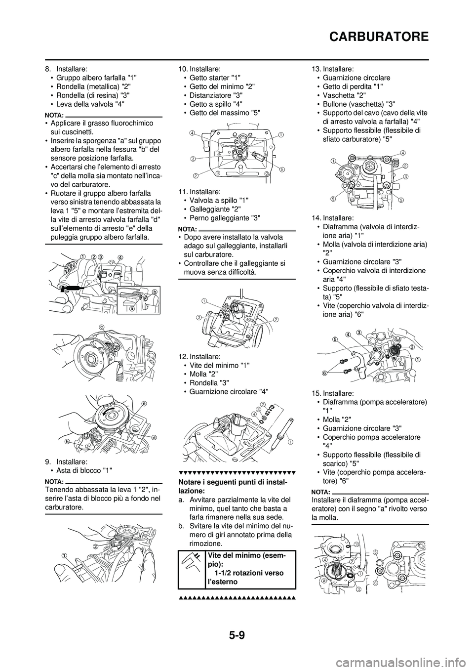 YAMAHA WR 250F 2008 Manuale duso (in Italian) 5-9
CARBURATORE
8. Installare:• Gruppo albero farfalla "1"
• Rondella (metallica) "2"
• Rondella (di resina) "3"
• Leva della valvola "4"
• Applicare il grasso fluorochimico sui cuscinetti.
YAMAHA WR 250F 2008 Manuale duso (in Italian) 5-9
CARBURATORE
8. Installare:• Gruppo albero farfalla "1"
• Rondella (metallica) "2"
• Rondella (di resina) "3"
• Leva della valvola "4"
• Applicare il grasso fluorochimico sui cuscinetti.