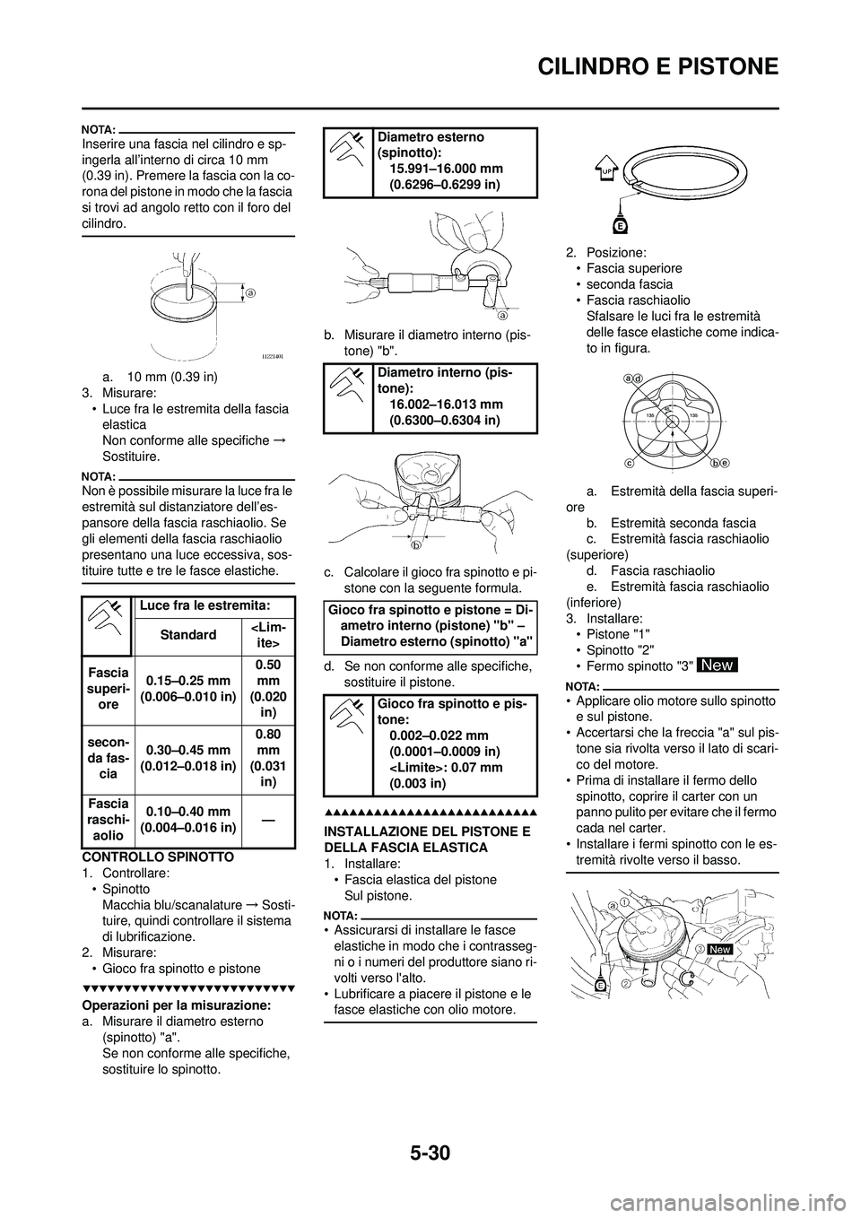 YAMAHA WR 250F 2008  Manuale duso (in Italian) 5-30
CILINDRO E PISTONE
Inserire una fascia nel cilindro e sp-
ingerla all’interno di circa 10 mm 
(0.39 in). Premere la fascia con la co-
rona del pistone in modo che la fascia 
si trovi ad angolo 
