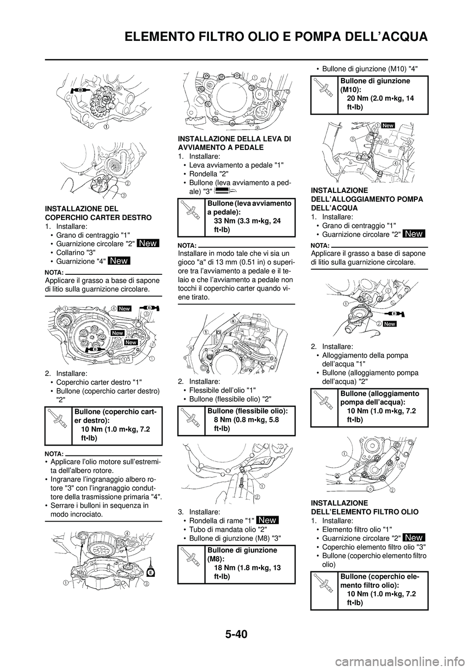 YAMAHA WR 250F 2008 Manuale duso (in Italian) 5-40
ELEMENTO FILTRO OLIO E POMPA DELL’ACQUA
INSTALLAZIONE DEL
COPERCHIO CARTER DESTRO
1. Installare:• Grano di centraggio "1"
• Guarnizione circolare "2"
•Collarino "3"
• Guarnizione "4" YAMAHA WR 250F 2008 Manuale duso (in Italian) 5-40
ELEMENTO FILTRO OLIO E POMPA DELL’ACQUA
INSTALLAZIONE DEL
COPERCHIO CARTER DESTRO
1. Installare:• Grano di centraggio "1"
• Guarnizione circolare "2"
•Collarino "3"
• Guarnizione "4"