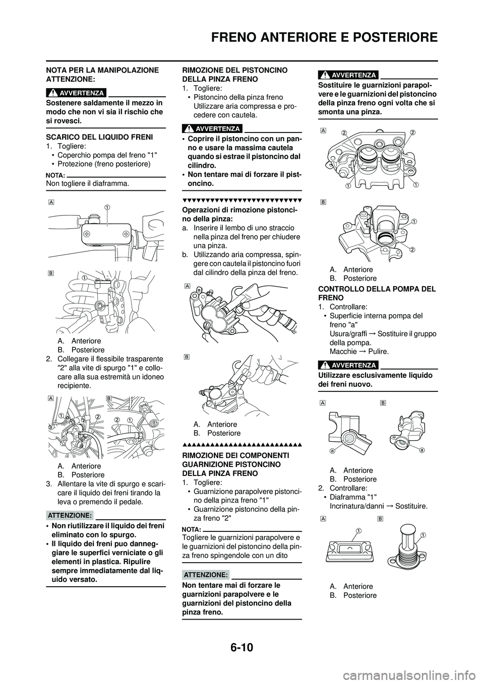 YAMAHA WR 250F 2008  Manuale duso (in Italian) 6-10
FRENO ANTERIORE E POSTERIORE
NOTA PER LA MANIPOLAZIONE 
ATTENZIONE:
Sostenere saldamente il mezzo in 
modo che non vi sia il rischio che 
si rovesci.
SCARICO DEL LIQUIDO FRENI
1. Togliere:• Cop
