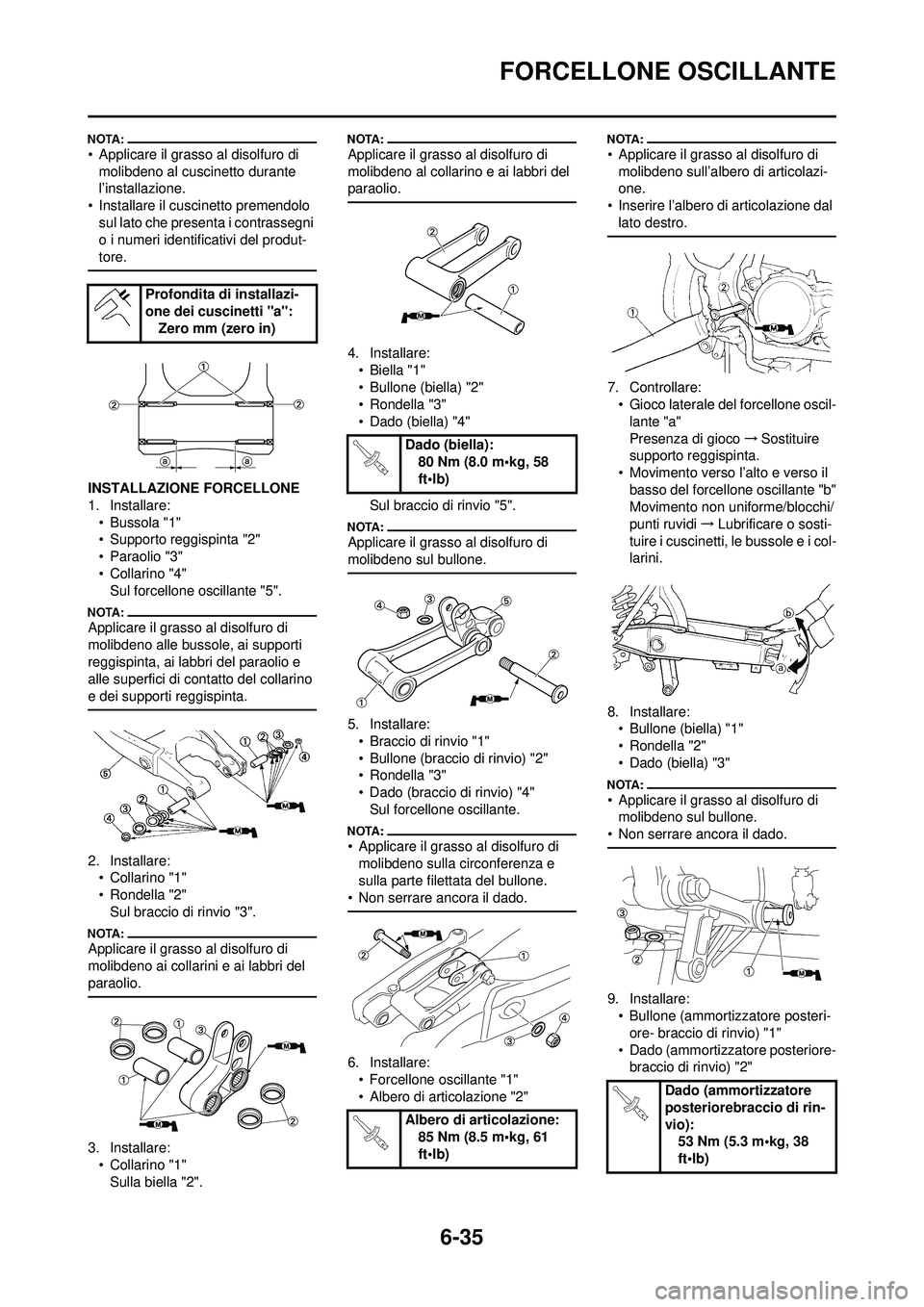 YAMAHA WR 250F 2008 Manuale duso (in Italian) 6-35
FORCELLONE OSCILLANTE
• Applicare il grasso al disolfuro di molibdeno al cuscinetto durante
l’installazione.
• Installare il cuscinetto premendolo sul lato che presen ta i contrassegni
o YAMAHA WR 250F 2008 Manuale duso (in Italian) 6-35
FORCELLONE OSCILLANTE
• Applicare il grasso al disolfuro di molibdeno al cuscinetto durante
l’installazione.
• Installare il cuscinetto premendolo sul lato che presen ta i contrassegni
o