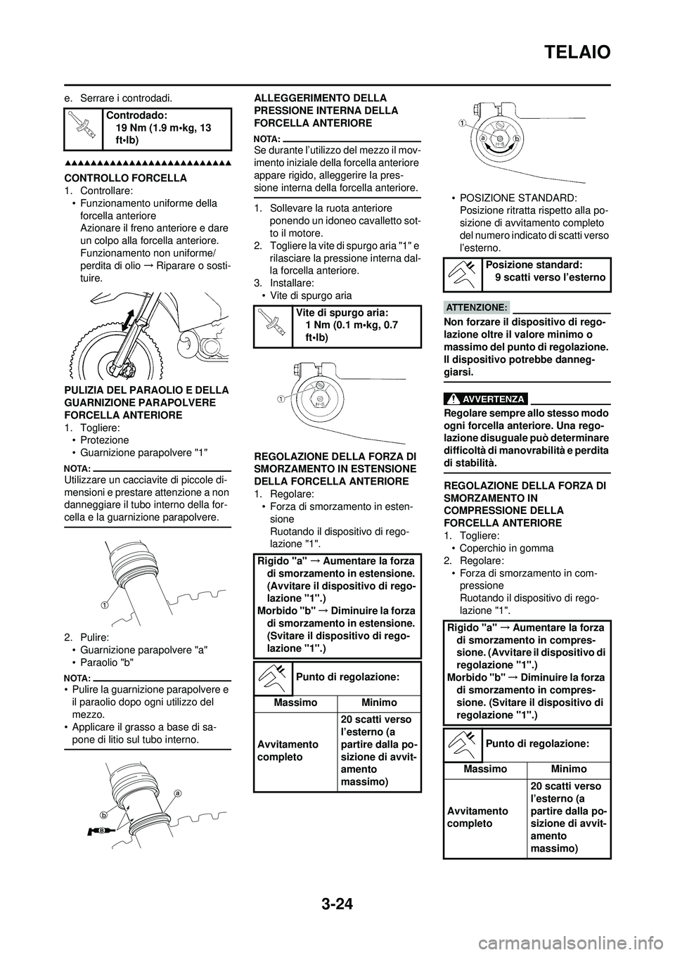 YAMAHA WR 250F 2008 Manuale duso (in Italian) 3-24
TELAIO
e. Serrare i controdadi.
CONTROLLO FORCELLA
1. Controllare:• Funzionamento uniforme della forcella anteriore
Azionare il freno anteriore e dare
un colpo alla forcella anteriore.
Funzion YAMAHA WR 250F 2008 Manuale duso (in Italian) 3-24
TELAIO
e. Serrare i controdadi.
CONTROLLO FORCELLA
1. Controllare:• Funzionamento uniforme della forcella anteriore
Azionare il freno anteriore e dare
un colpo alla forcella anteriore.
Funzion