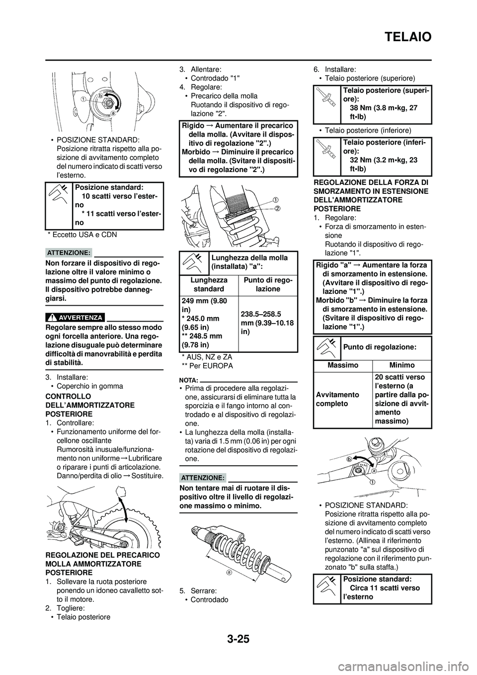 YAMAHA WR 250F 2008 Manuale duso (in Italian) 3-25
TELAIO
• POSIZIONE STANDARD:Posizione ritratta rispetto alla po-
sizione di avvita mento completo
del numero indicato di scatti verso
l’esterno.
Non forzare il dispositivo di rego-
lazione YAMAHA WR 250F 2008 Manuale duso (in Italian) 3-25
TELAIO
• POSIZIONE STANDARD:Posizione ritratta rispetto alla po-
sizione di avvita mento completo
del numero indicato di scatti verso
l’esterno.
Non forzare il dispositivo di rego-
lazione