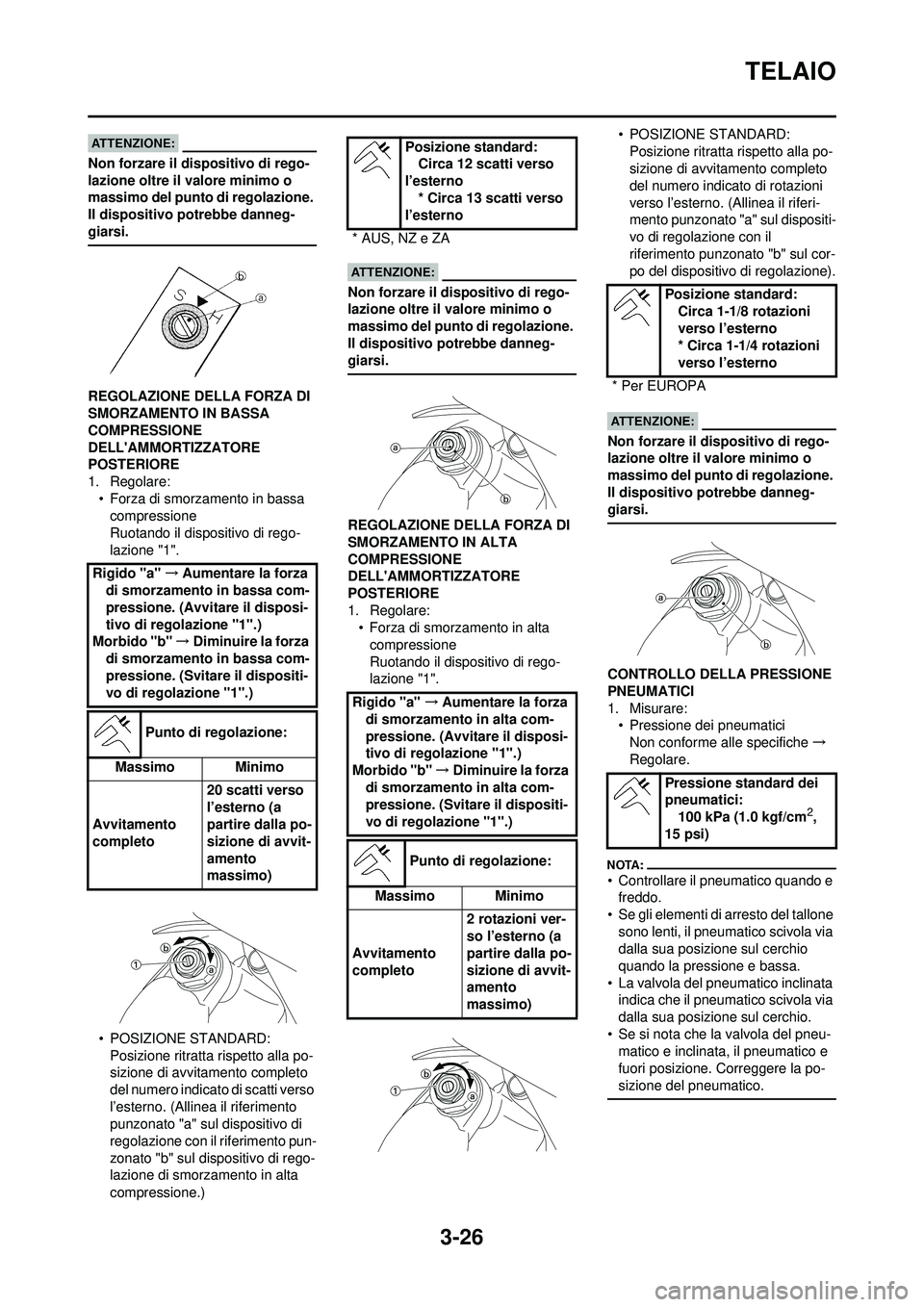 YAMAHA WR 250F 2008 Manuale duso (in Italian) 3-26
TELAIO
Non forzare il dispositivo di rego-
lazione oltre il valore minimo o
massimo del punto di regolazione.
Il dispositivo potrebbe danneg-
giarsi.
REGOLAZIONE DELLA FORZA DI
SMORZAMENTO IN YAMAHA WR 250F 2008 Manuale duso (in Italian) 3-26
TELAIO
Non forzare il dispositivo di rego-
lazione oltre il valore minimo o
massimo del punto di regolazione.
Il dispositivo potrebbe danneg-
giarsi.
REGOLAZIONE DELLA FORZA DI
SMORZAMENTO IN