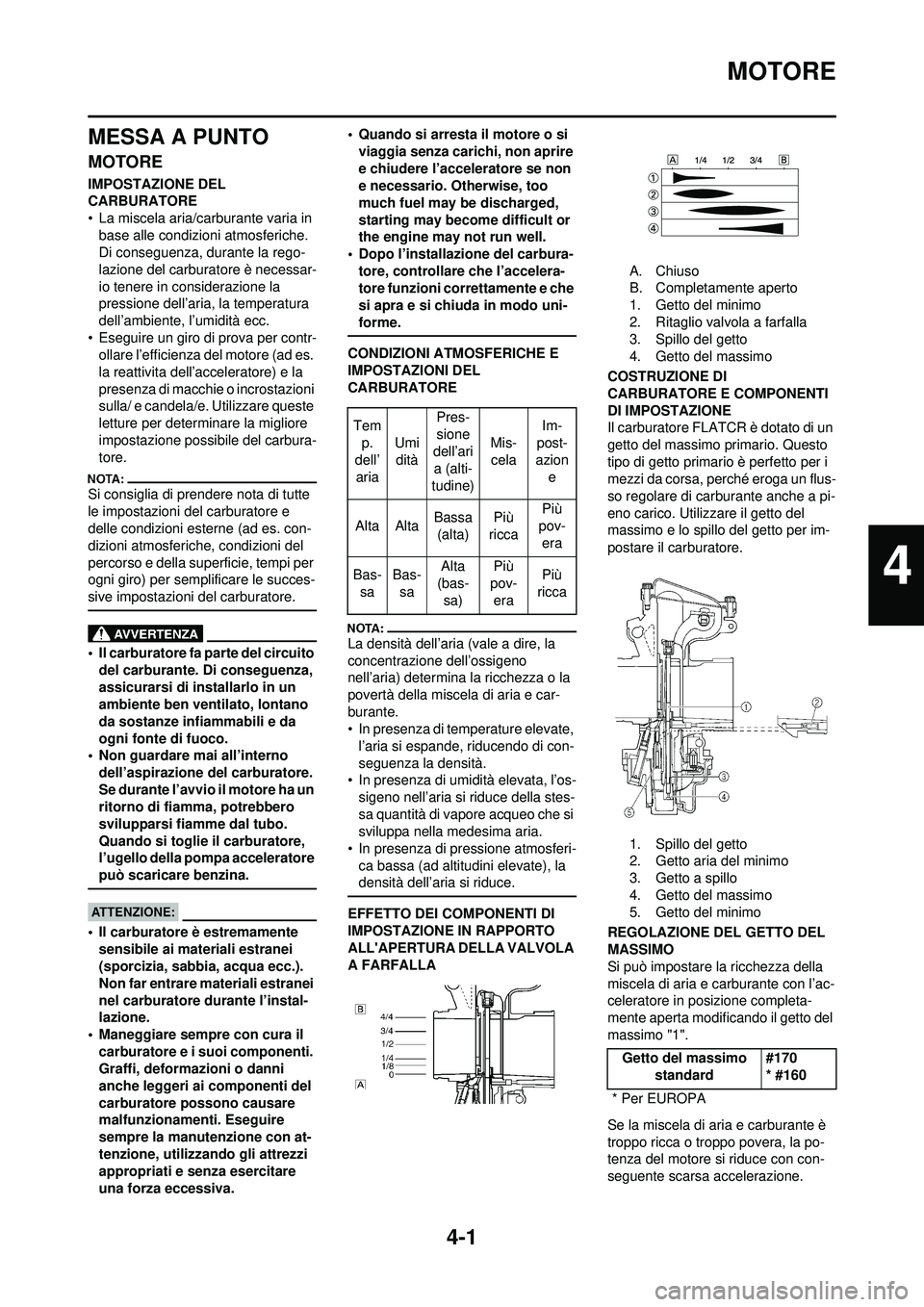 YAMAHA WR 250F 2008 Manuale duso (in Italian) 4-1
MOTORE
MESSA A PUNTO
MOTORE
IMPOSTAZIONE DEL
CARBURATORE
• La miscela aria/carburante varia in base alle condizioni atmosferiche.
Di conseguenza, durante la rego-
lazione del carburatore è ne YAMAHA WR 250F 2008 Manuale duso (in Italian) 4-1
MOTORE
MESSA A PUNTO
MOTORE
IMPOSTAZIONE DEL
CARBURATORE
• La miscela aria/carburante varia in base alle condizioni atmosferiche.
Di conseguenza, durante la rego-
lazione del carburatore è ne