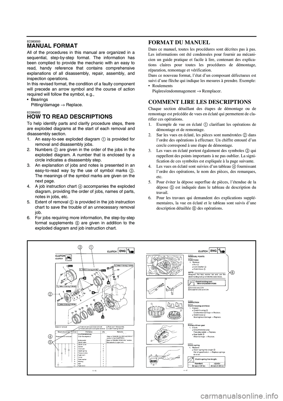 YAMAHA WR 250F 2007  Manuale duso (in Italian) EC083000
MANUAL FORMAT
All of the procedures in this manual are organized in a
sequential, step-by-step format. The information has
been complied to provide the mechanic with an easy to
read, handy re