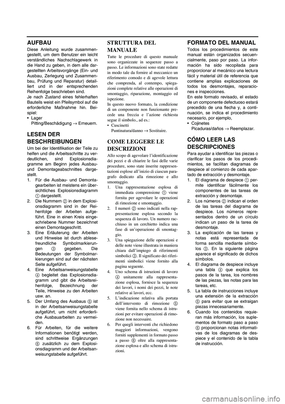 YAMAHA WR 250F 2007  Manuale duso (in Italian) AUFBAU
Diese Anleitung wurde zusammen-
gestellt, um dem Benutzer ein leicht
verständliches Nachschlagewerk in
die Hand zu geben, in dem alle dar-
gestellten Arbeitsvorgänge (Ein- und
Ausbau, Zerlegu