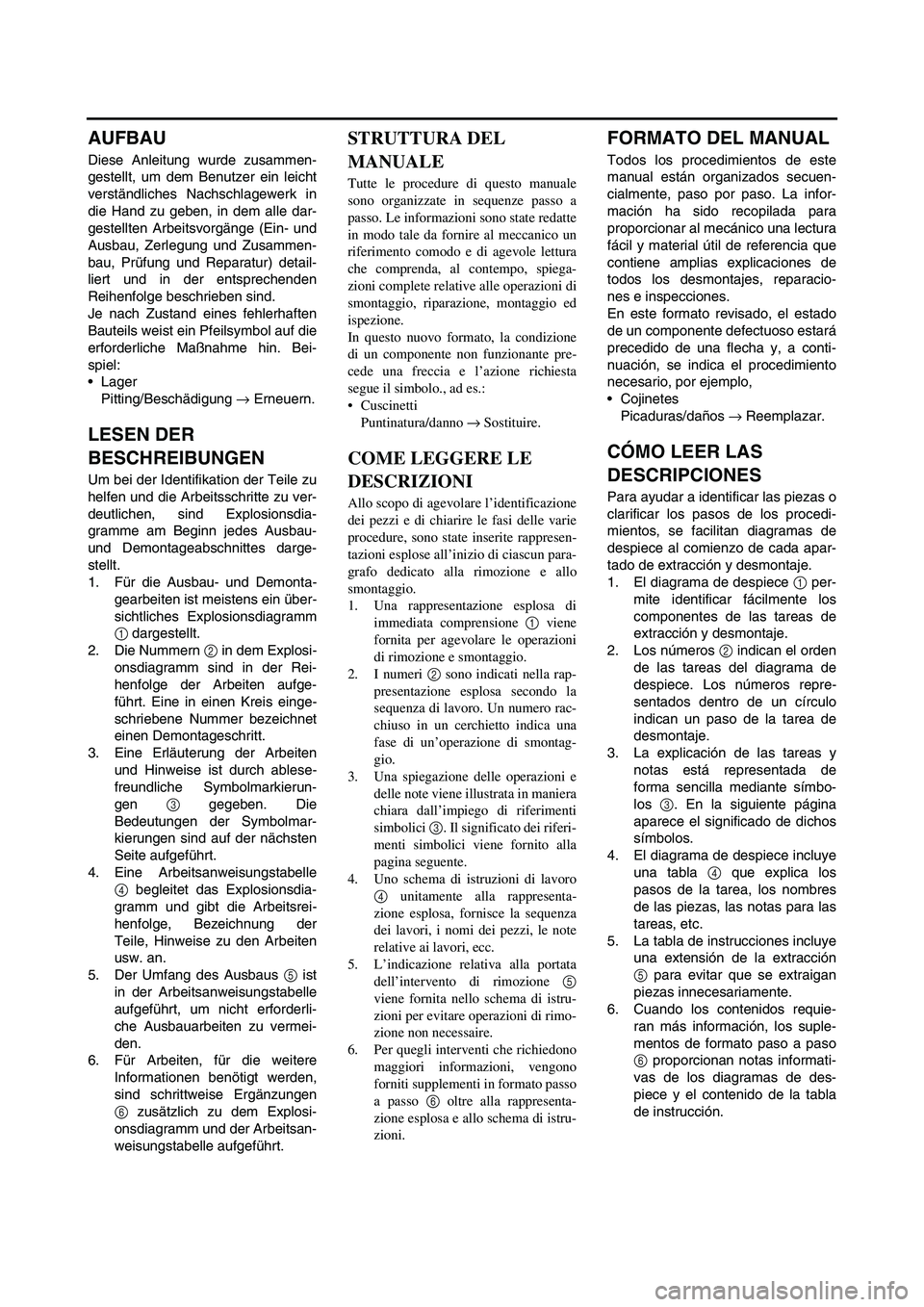 YAMAHA WR 250F 2007 Owners Manual AUFBAU
Diese Anleitung wurde zusammen-
gestellt, um dem Benutzer ein leicht
verständliches Nachschlagewerk in
die Hand zu geben, in dem alle dar-
gestellten Arbeitsvorgänge (Ein- und
Ausbau, Zerlegu YAMAHA WR 250F 2007 Owners Manual AUFBAU
Diese Anleitung wurde zusammen-
gestellt, um dem Benutzer ein leicht
verständliches Nachschlagewerk in
die Hand zu geben, in dem alle dar-
gestellten Arbeitsvorgänge (Ein- und
Ausbau, Zerlegu