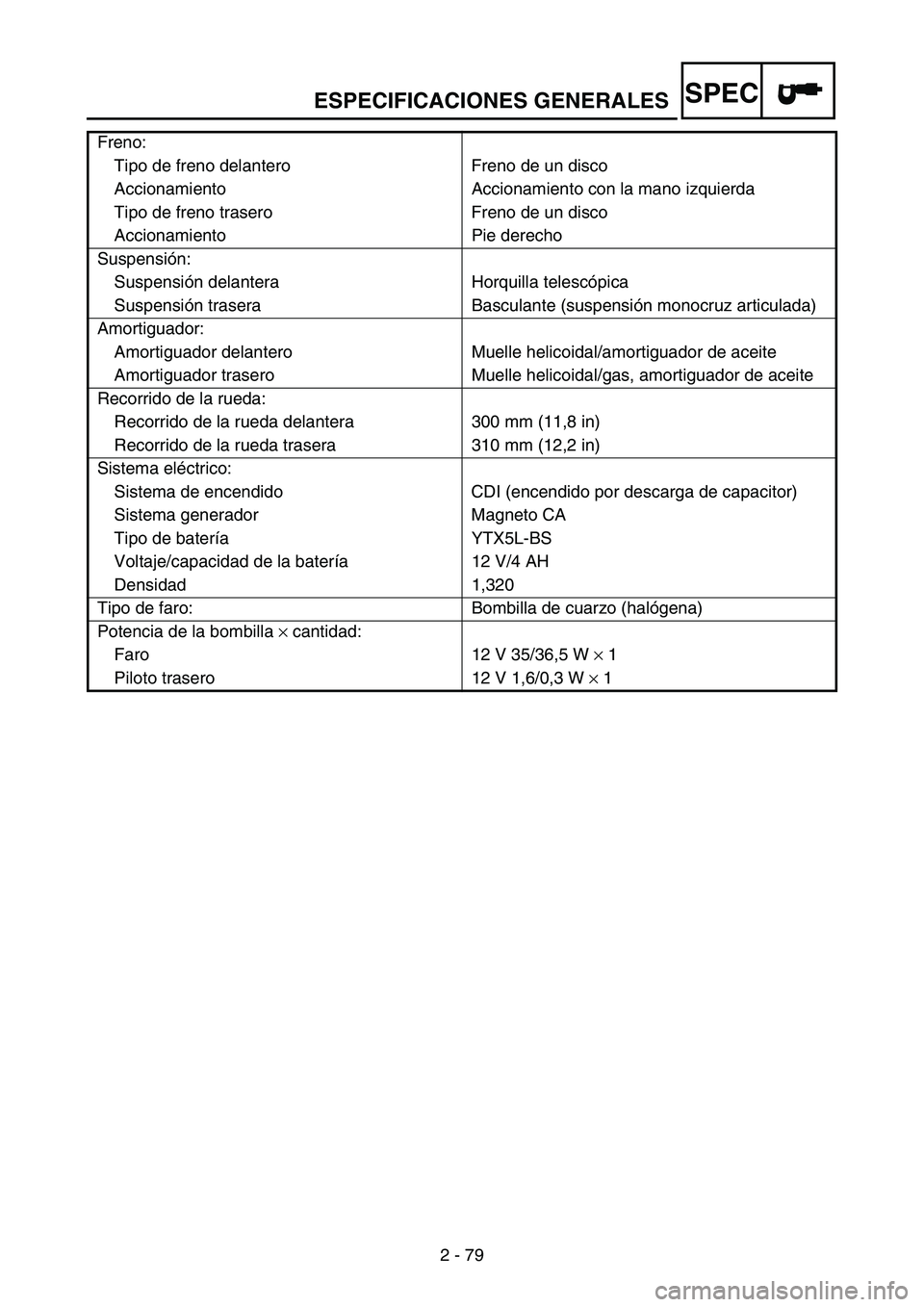 YAMAHA WR 250F 2007 Notices Demploi (in French) ESPECIFICACIONES GENERALES
2 - 79
SPEC
Freno:
Tipo de freno delantero Freno de un disco
Accionamiento Accionamiento con la mano izquierda
Tipo de freno trasero Freno de un disco
Accionamiento Pie dere YAMAHA WR 250F 2007 Notices Demploi (in French) ESPECIFICACIONES GENERALES
2 - 79
SPEC
Freno:
Tipo de freno delantero Freno de un disco
Accionamiento Accionamiento con la mano izquierda
Tipo de freno trasero Freno de un disco
Accionamiento Pie dere