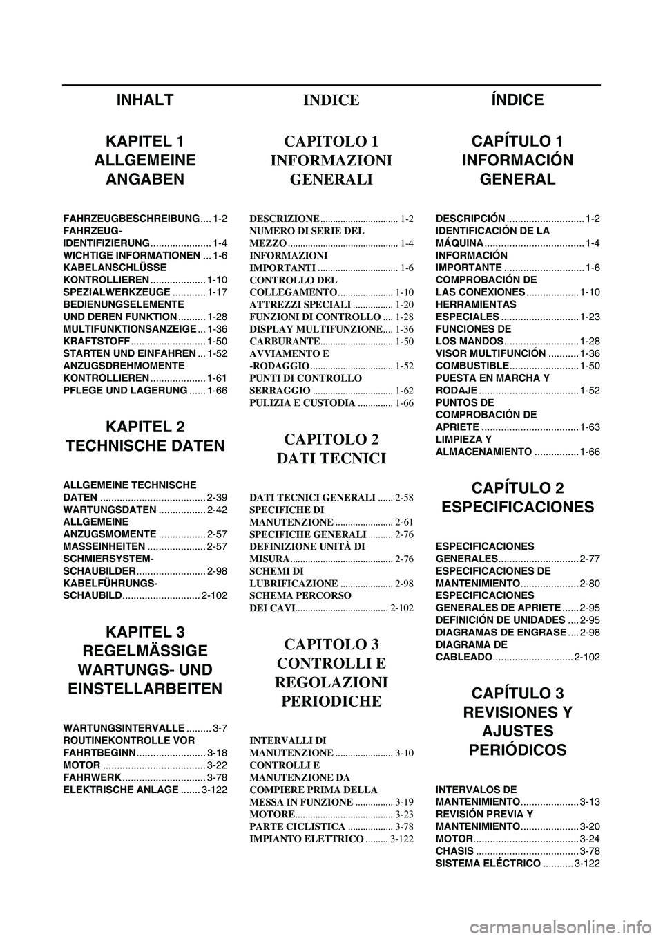 YAMAHA WR 250F 2007 Manuale de Empleo (in Spanish) INHALT
KAPITEL 1
ALLGEMEINE
ANGABEN
FAHRZEUGBESCHREIBUNG.... 1-2
FAHRZEUG-
IDENTIFIZIERUNG...................... 1-4
WICHTIGE INFORMATIONEN... 1-6
KABELANSCHLÜSSE
KONTROLLIEREN.................... YAMAHA WR 250F 2007 Manuale de Empleo (in Spanish) INHALT
KAPITEL 1
ALLGEMEINE
ANGABEN
FAHRZEUGBESCHREIBUNG.... 1-2
FAHRZEUG-
IDENTIFIZIERUNG...................... 1-4
WICHTIGE INFORMATIONEN... 1-6
KABELANSCHLÜSSE
KONTROLLIEREN....................