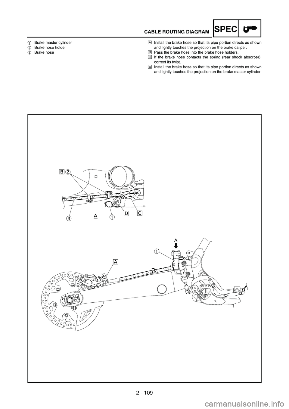 YAMAHA WR 250F 2007 Notices Demploi (in French) SPEC
2 - 109
CABLE ROUTING DIAGRAM
1Brake master cylinder
2Brake hose holder
3Brake hoseÈInstall the brake hose so that its pipe portion directs as shown
and lightly touches the projection on the bra YAMAHA WR 250F 2007 Notices Demploi (in French) SPEC
2 - 109
CABLE ROUTING DIAGRAM
1Brake master cylinder
2Brake hose holder
3Brake hoseÈInstall the brake hose so that its pipe portion directs as shown
and lightly touches the projection on the bra