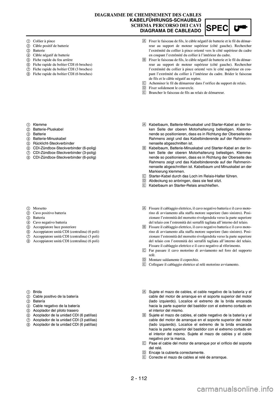 YAMAHA WR 250F 2007 Notices Demploi (in French) 2 - 112
SPEC
1Collier à pince
2Câble positif de batterie
3Batterie
4Câble négatif de batterie
5Fiche rapide du feu arrière
6Fiche rapide du boîtier CDI (6 broches)
7Fiche rapide du boîtier CDI YAMAHA WR 250F 2007 Notices Demploi (in French) 2 - 112
SPEC
1Collier à pince
2Câble positif de batterie
3Batterie
4Câble négatif de batterie
5Fiche rapide du feu arrière
6Fiche rapide du boîtier CDI (6 broches)
7Fiche rapide du boîtier CDI