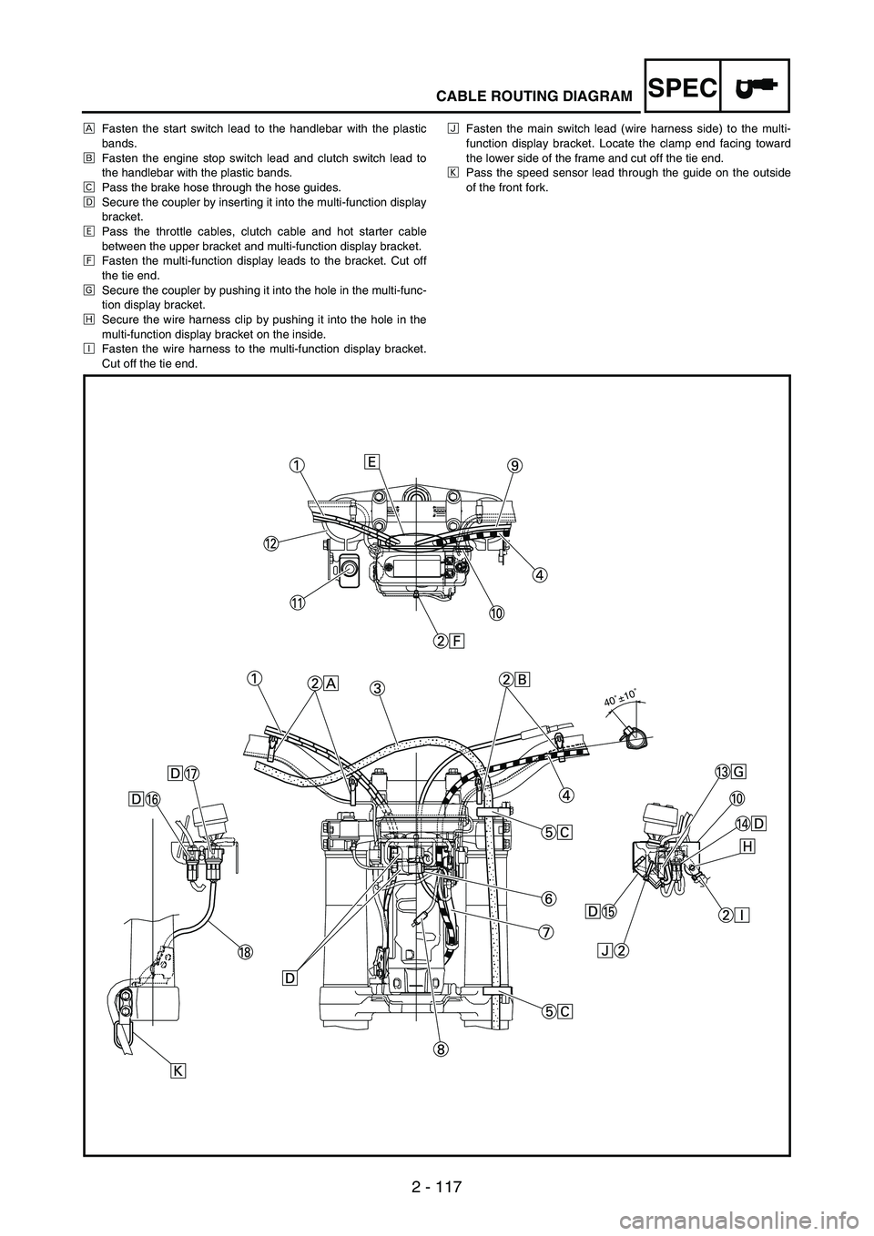 YAMAHA WR 250F 2007  Manuale duso (in Italian) 2 - 117
SPECCABLE ROUTING DIAGRAM
ÈFasten the start switch lead to the handlebar with the plastic
bands.
ÉFasten the engine stop switch lead and clutch switch lead to
the handlebar with the plastic 
