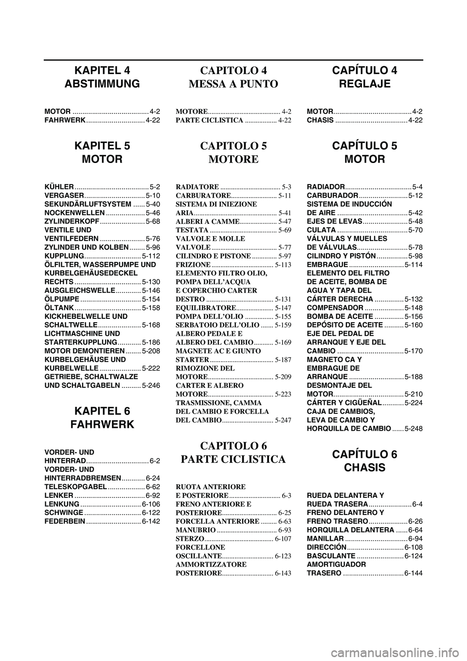 YAMAHA WR 250F 2007 Manuale de Empleo (in Spanish) KAPITEL 4
ABSTIMMUNG
MOTOR....................................... 4-2
FAHRWERK.............................. 4-22
KAPITEL 5
MOTOR
KÜHLER...................................... 5-2
VERGASER............ YAMAHA WR 250F 2007 Manuale de Empleo (in Spanish) KAPITEL 4
ABSTIMMUNG
MOTOR....................................... 4-2
FAHRWERK.............................. 4-22
KAPITEL 5
MOTOR
KÜHLER...................................... 5-2
VERGASER............
