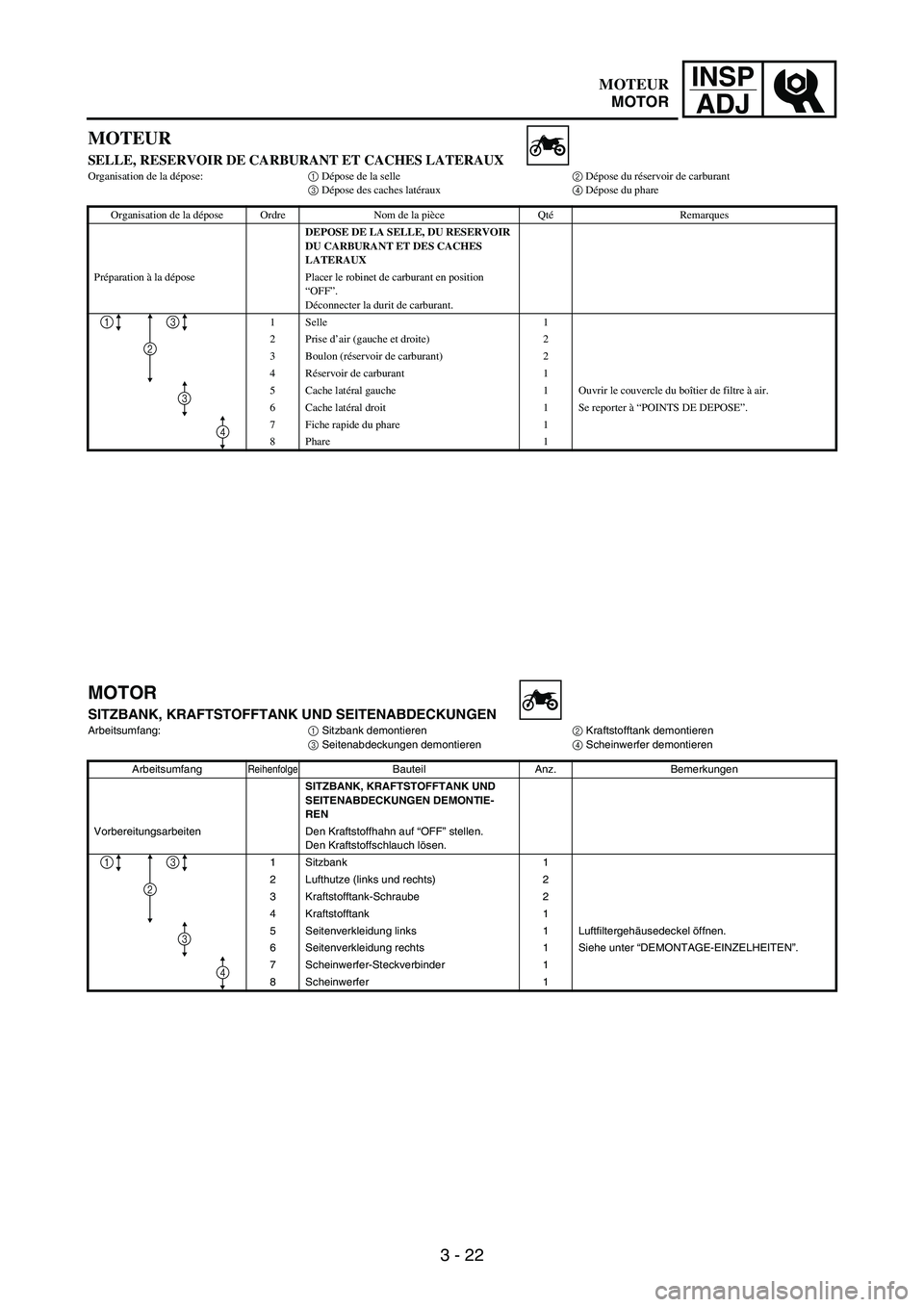 YAMAHA WR 250F 2007 Notices Demploi (in French) INSP
ADJ
3 - 22
MOTEUR
SELLE, RESERVOIR DE CARBURANT ET CACHES LATERAUXOrganisation de la dépose:1 Dépose de la selle2 Dépose du réservoir de carburant
3 Dépose des caches latéraux4 Dépose du p YAMAHA WR 250F 2007 Notices Demploi (in French) INSP
ADJ
3 - 22
MOTEUR
SELLE, RESERVOIR DE CARBURANT ET CACHES LATERAUXOrganisation de la dépose:1 Dépose de la selle2 Dépose du réservoir de carburant
3 Dépose des caches latéraux4 Dépose du p