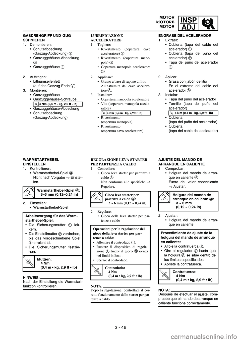 YAMAHA WR 250F 2007 Notices Demploi (in French) INSP
ADJ
3 - 46
GASDREHGRIFF UND -ZUG
SCHMIEREN
1. Demontieren:
Schutzabdeckung
(Gaszug-Abdeckung)
1
Gaszuggehäuse-Abdeckung
2
Gaszuggehäuse
3
2. Auftragen:
Lithiumseifenfett
(auf das Gas YAMAHA WR 250F 2007 Notices Demploi (in French) INSP
ADJ
3 - 46
GASDREHGRIFF UND -ZUG
SCHMIEREN
1. Demontieren:
Schutzabdeckung
(Gaszug-Abdeckung)
1
Gaszuggehäuse-Abdeckung
2
Gaszuggehäuse
3
2. Auftragen:
Lithiumseifenfett
(auf das Gas