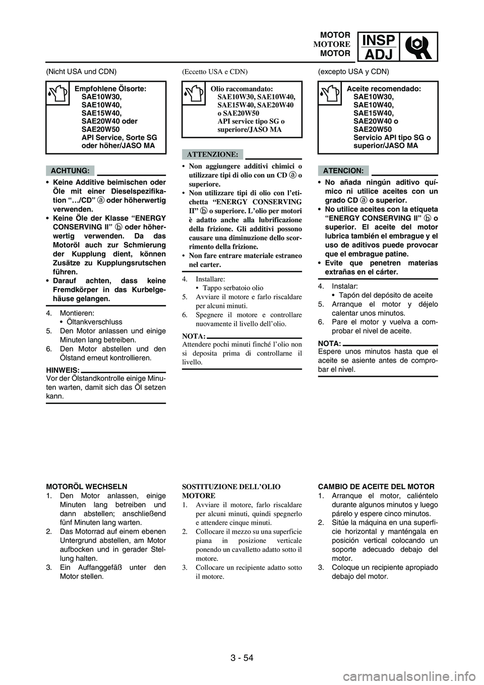 YAMAHA WR 250F 2007 Notices Demploi (in French) INSP
ADJ
3 - 54
(Nicht USA und CDN)
ACHTUNG:
Keine Additive beimischen oder
Öle mit einer Dieselspezifika-
tion “…/CD” a oder höherwertig
verwenden.
Keine Öle der Klasse “ENERGY
CONSERVIN YAMAHA WR 250F 2007 Notices Demploi (in French) INSP
ADJ
3 - 54
(Nicht USA und CDN)
ACHTUNG:
Keine Additive beimischen oder
Öle mit einer Dieselspezifika-
tion “…/CD” a oder höherwertig
verwenden.
Keine Öle der Klasse “ENERGY
CONSERVIN