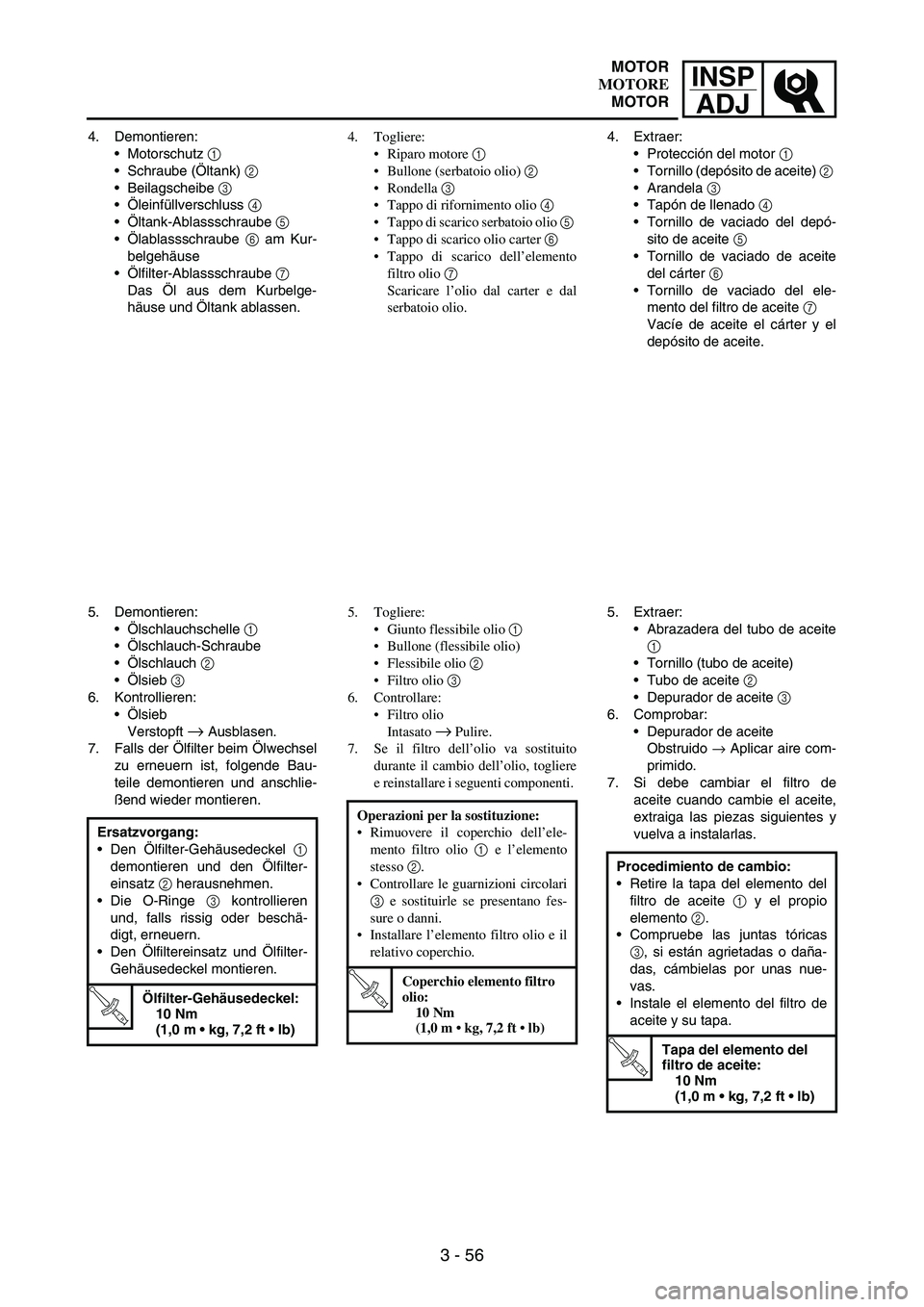 YAMAHA WR 250F 2007 Notices Demploi (in French) INSP
ADJ
3 - 56
4. Demontieren:
Motorschutz
1
Schraube (Öltank)
2
Beilagscheibe
3
Öleinfüllverschluss
4
Öltank-Ablassschraube
5
Ölablassschraube
6 am Kur-
belgehäuse
Ölfilter YAMAHA WR 250F 2007 Notices Demploi (in French) INSP
ADJ
3 - 56
4. Demontieren:
Motorschutz
1
Schraube (Öltank)
2
Beilagscheibe
3
Öleinfüllverschluss
4
Öltank-Ablassschraube
5
Ölablassschraube
6 am Kur-
belgehäuse
Ölfilter
