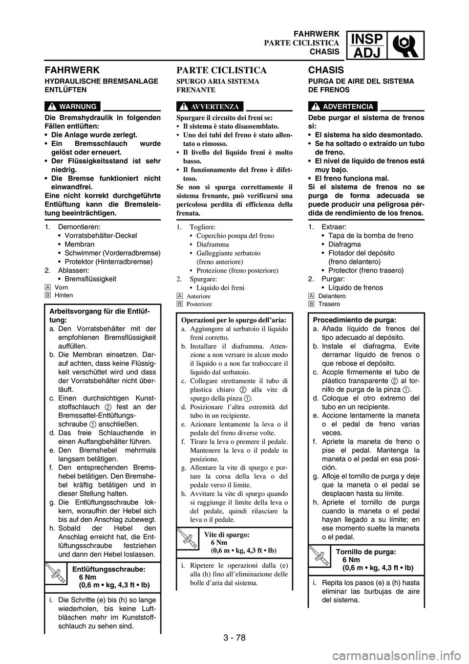 YAMAHA WR 250F 2007 Notices Demploi (in French) INSP
ADJ
3 - 78
FAHRWERK
HYDRAULISCHE BREMSANLAGE
ENTLÜFTEN
WARNUNG
Die Bremshydraulik in folgenden
Fällen entlüften:
Die Anlage wurde zerlegt.
Ein Bremsschlauch wurde
gelöst oder erneuert.
De YAMAHA WR 250F 2007 Notices Demploi (in French) INSP
ADJ
3 - 78
FAHRWERK
HYDRAULISCHE BREMSANLAGE
ENTLÜFTEN
WARNUNG
Die Bremshydraulik in folgenden
Fällen entlüften:
Die Anlage wurde zerlegt.
Ein Bremsschlauch wurde
gelöst oder erneuert.
De
