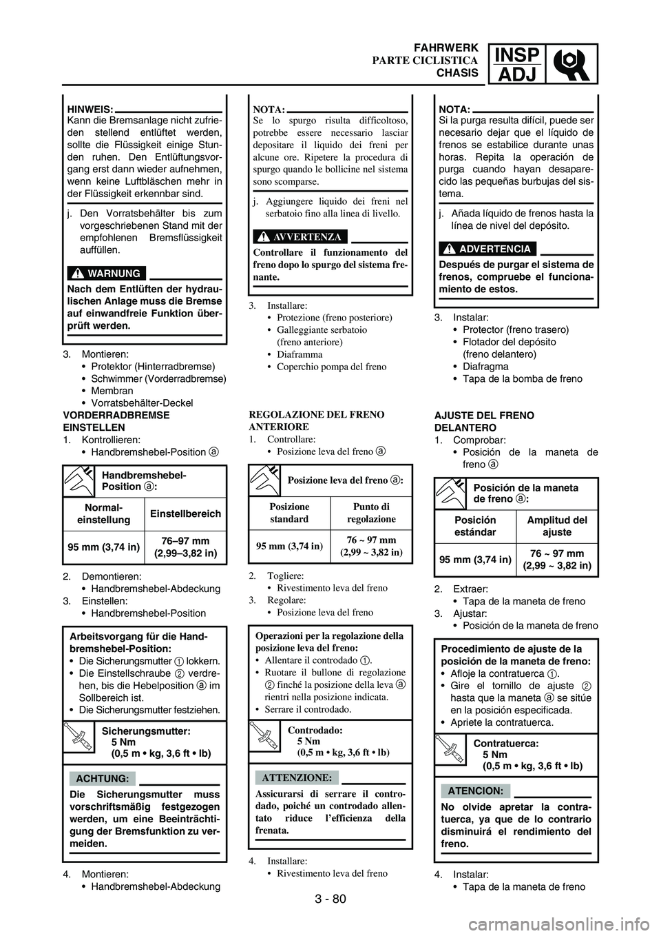 YAMAHA WR 250F 2007 Notices Demploi (in French) INSP
ADJ
3 - 80
3. Montieren:
Protektor (Hinterradbremse)
Schwimmer (Vorderradbremse)
Membran
Vorratsbehälter-Deckel
VORDERRADBREMSE
EINSTELLEN
1. Kontrollieren:
Handbremshebel-Position
a
2. YAMAHA WR 250F 2007 Notices Demploi (in French) INSP
ADJ
3 - 80
3. Montieren:
Protektor (Hinterradbremse)
Schwimmer (Vorderradbremse)
Membran
Vorratsbehälter-Deckel
VORDERRADBREMSE
EINSTELLEN
1. Kontrollieren:
Handbremshebel-Position
a
2.