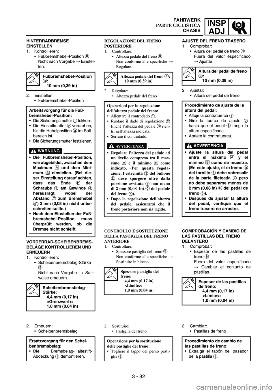 YAMAHA WR 250F 2007 Notices Demploi (in French) INSP
ADJ
3 - 82
HINTERRADBREMSE
EINSTELLEN
1. Kontrollieren:
Fußbremshebel-Position
a
Nicht nach Vorgabe
→ Einstel-
len.
2. Einstellen:
Fußbremshebel-Position
VORDERRAD-SCHEIBENBREMS-
BELÄG YAMAHA WR 250F 2007 Notices Demploi (in French) INSP
ADJ
3 - 82
HINTERRADBREMSE
EINSTELLEN
1. Kontrollieren:
Fußbremshebel-Position
a
Nicht nach Vorgabe
→ Einstel-
len.
2. Einstellen:
Fußbremshebel-Position
VORDERRAD-SCHEIBENBREMS-
BELÄG
