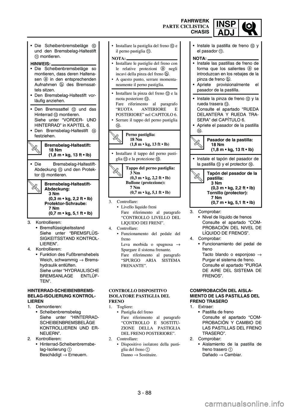YAMAHA WR 250F 2007 Notices Demploi (in French) INSP
ADJ
3 - 88
3. Kontrollieren:
Bremsflüssigkeitsstand
Siehe unter “BREMSFLÜS-
SIGKEITSSTAND KONTROL-
LIEREN”.
4. Kontrollieren:
Funktion des Fußbremshebels
Weich, schwammig
→ Brems-
hyd YAMAHA WR 250F 2007 Notices Demploi (in French) INSP
ADJ
3 - 88
3. Kontrollieren:
Bremsflüssigkeitsstand
Siehe unter “BREMSFLÜS-
SIGKEITSSTAND KONTROL-
LIEREN”.
4. Kontrollieren:
Funktion des Fußbremshebels
Weich, schwammig
→ Brems-
hyd
