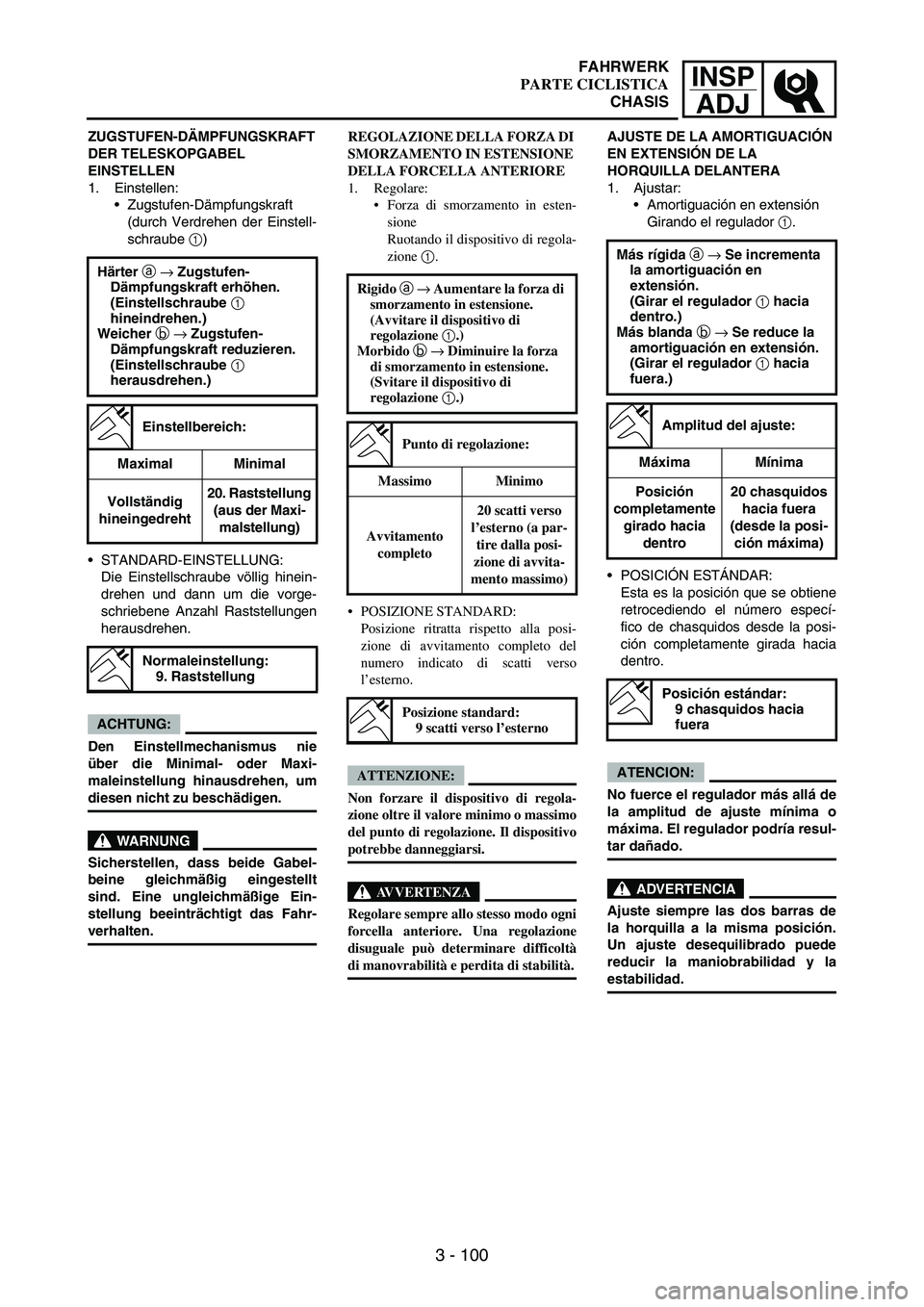 YAMAHA WR 250F 2007 Notices Demploi (in French) INSP
ADJ
3 - 100
ZUGSTUFEN-DÄMPFUNGSKRAFT
DER TELESKOPGABEL
EINSTELLEN
1. Einstellen:
Zugstufen-Dämpfungskraft
(durch Verdrehen der Einstell-
schraube
1)
STANDARD-EINSTELLUNG:
Die Einstellschra YAMAHA WR 250F 2007 Notices Demploi (in French) INSP
ADJ
3 - 100
ZUGSTUFEN-DÄMPFUNGSKRAFT
DER TELESKOPGABEL
EINSTELLEN
1. Einstellen:
Zugstufen-Dämpfungskraft
(durch Verdrehen der Einstell-
schraube
1)
STANDARD-EINSTELLUNG:
Die Einstellschra