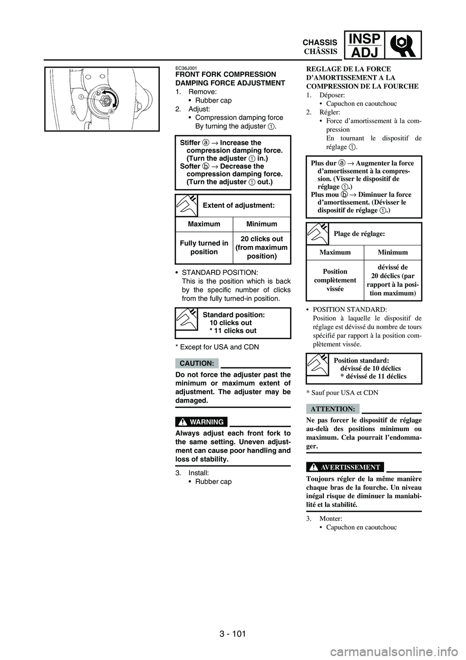 YAMAHA WR 250F 2007 Notices Demploi (in French) 3 - 101
INSP
ADJ
EC36J001FRONT FORK COMPRESSION
DAMPING FORCE ADJUSTMENT
1. Remove:
Rubber cap
2. Adjust:
Compression damping force
By turning the adjuster
1.
STANDARD POSITION:
This is the posit YAMAHA WR 250F 2007 Notices Demploi (in French) 3 - 101
INSP
ADJ
EC36J001FRONT FORK COMPRESSION
DAMPING FORCE ADJUSTMENT
1. Remove:
Rubber cap
2. Adjust:
Compression damping force
By turning the adjuster
1.
STANDARD POSITION:
This is the posit