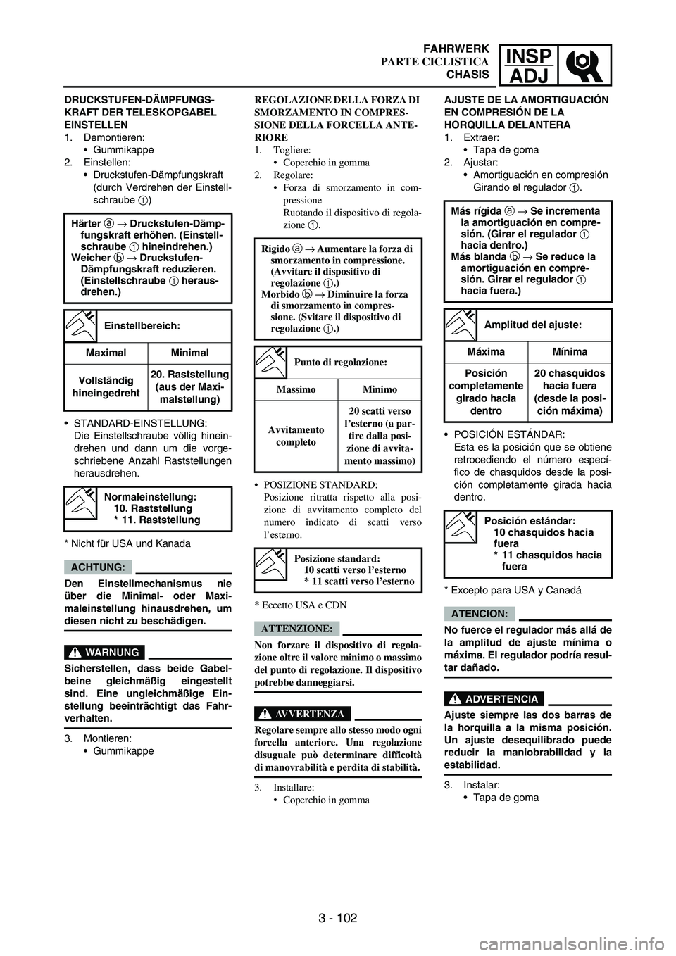 YAMAHA WR 250F 2007 Notices Demploi (in French) INSP
ADJ
3 - 102
DRUCKSTUFEN-DÄMPFUNGS-
KRAFT DER TELESKOPGABEL
EINSTELLEN
1. Demontieren:
Gummikappe
2. Einstellen:
Druckstufen-Dämpfungskraft
(durch Verdrehen der Einstell-
schraube
1)
STANDA YAMAHA WR 250F 2007 Notices Demploi (in French) INSP
ADJ
3 - 102
DRUCKSTUFEN-DÄMPFUNGS-
KRAFT DER TELESKOPGABEL
EINSTELLEN
1. Demontieren:
Gummikappe
2. Einstellen:
Druckstufen-Dämpfungskraft
(durch Verdrehen der Einstell-
schraube
1)
STANDA