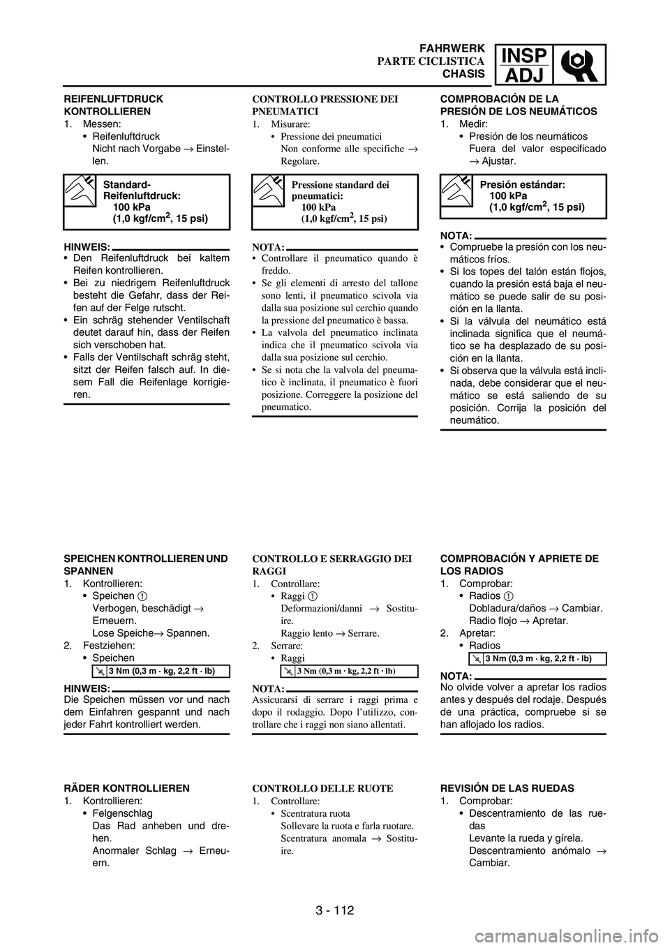 YAMAHA WR 250F 2007 Notices Demploi (in French) INSP
ADJ
3 - 112
REIFENLUFTDRUCK
KONTROLLIEREN
1. Messen:
Reifenluftdruck
Nicht nach Vorgabe
→ Einstel-
len.
HINWEIS:
Den Reifenluftdruck bei kaltem
Reifen kontrollieren.
Bei zu niedrigem Reife YAMAHA WR 250F 2007 Notices Demploi (in French) INSP
ADJ
3 - 112
REIFENLUFTDRUCK
KONTROLLIEREN
1. Messen:
Reifenluftdruck
Nicht nach Vorgabe
→ Einstel-
len.
HINWEIS:
Den Reifenluftdruck bei kaltem
Reifen kontrollieren.
Bei zu niedrigem Reife