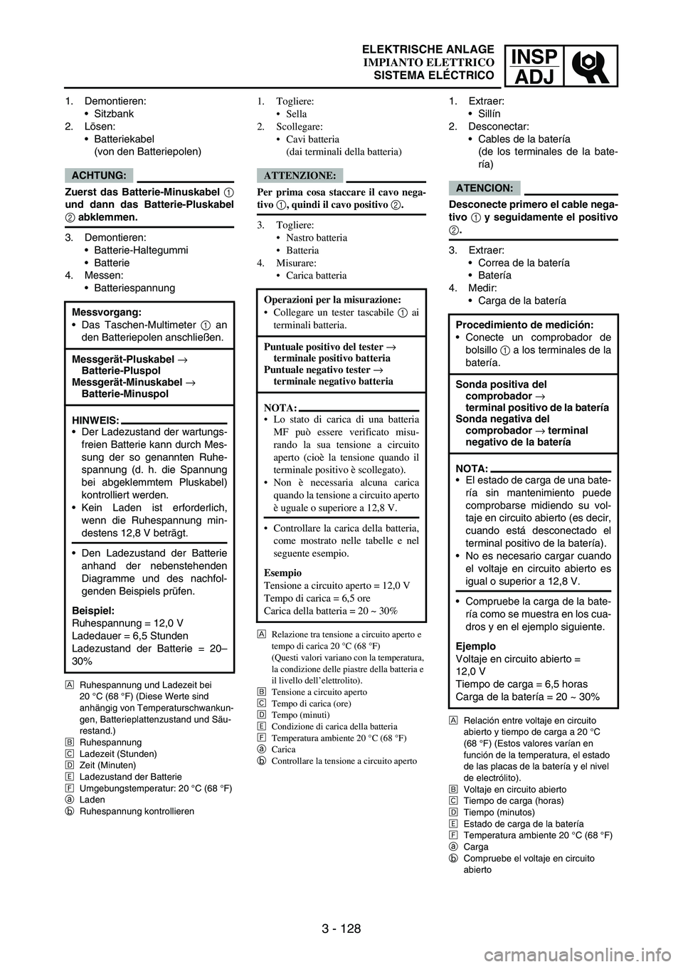YAMAHA WR 250F 2007 Notices Demploi (in French) INSP
ADJ
3 - 128
1. Demontieren:
Sitzbank
2. Lösen:
Batteriekabel
(von den Batteriepolen)
ACHTUNG:
Zuerst das Batterie-Minuskabel 1
und dann das Batterie-Pluskabel
2 abklemmen.
3. Demontieren:
YAMAHA WR 250F 2007 Notices Demploi (in French) INSP
ADJ
3 - 128
1. Demontieren:
Sitzbank
2. Lösen:
Batteriekabel
(von den Batteriepolen)
ACHTUNG:
Zuerst das Batterie-Minuskabel 1
und dann das Batterie-Pluskabel
2 abklemmen.
3. Demontieren:
