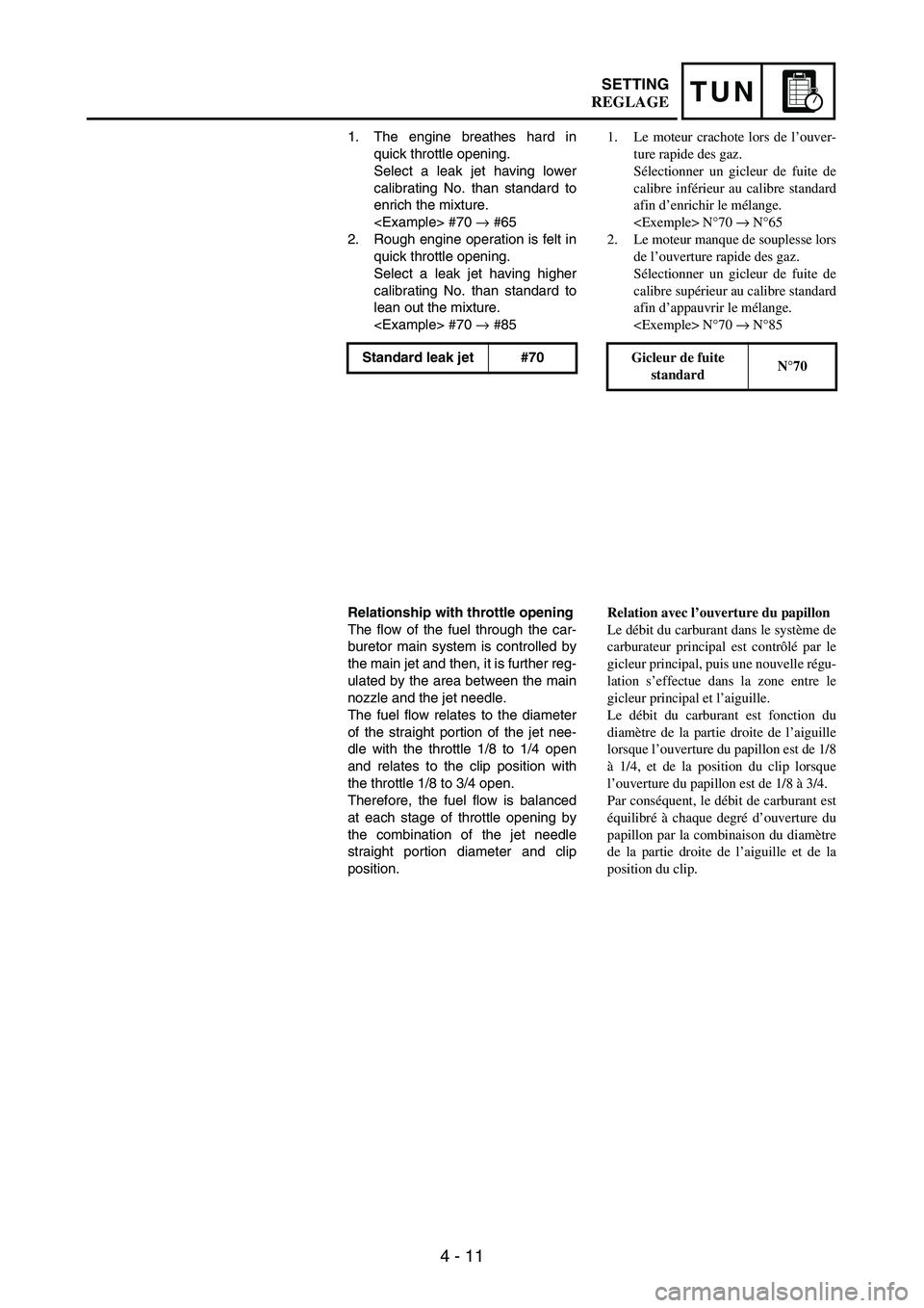 YAMAHA WR 250F 2007 Notices Demploi (in French) 4 - 11
TUNSETTING
1. The engine breathes hard in
quick throttle opening.
Select a leak jet having lower
calibrating No. than standard to
enrich the mixture.
<Example> #70
→ #65
2. Rough engine oper YAMAHA WR 250F 2007 Notices Demploi (in French) 4 - 11
TUNSETTING
1. The engine breathes hard in
quick throttle opening.
Select a leak jet having lower
calibrating No. than standard to
enrich the mixture.
<Example> #70
→ #65
2. Rough engine oper