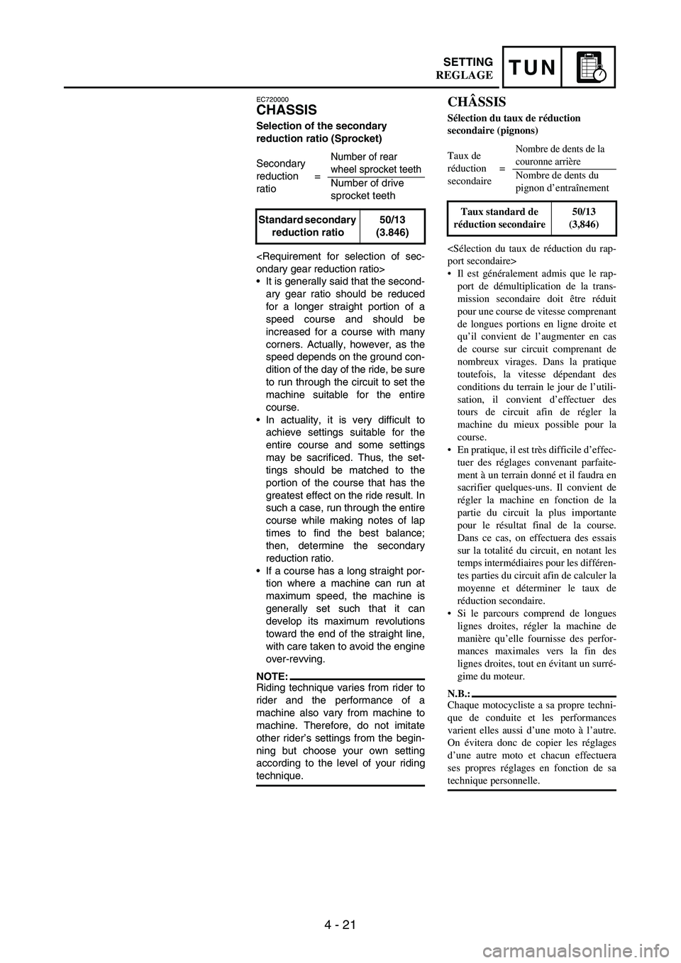 YAMAHA WR 250F 2007 Notices Demploi (in French) 4 - 21
TUNSETTING
EC720000
CHASSIS
Selection of the secondary
reduction ratio (Sprocket)
<Requirement for selection of sec-
ondary gear reduction ratio>
It is generally said that the second-
ary gea YAMAHA WR 250F 2007 Notices Demploi (in French) 4 - 21
TUNSETTING
EC720000
CHASSIS
Selection of the secondary
reduction ratio (Sprocket)
<Requirement for selection of sec-
ondary gear reduction ratio>
It is generally said that the second-
ary gea