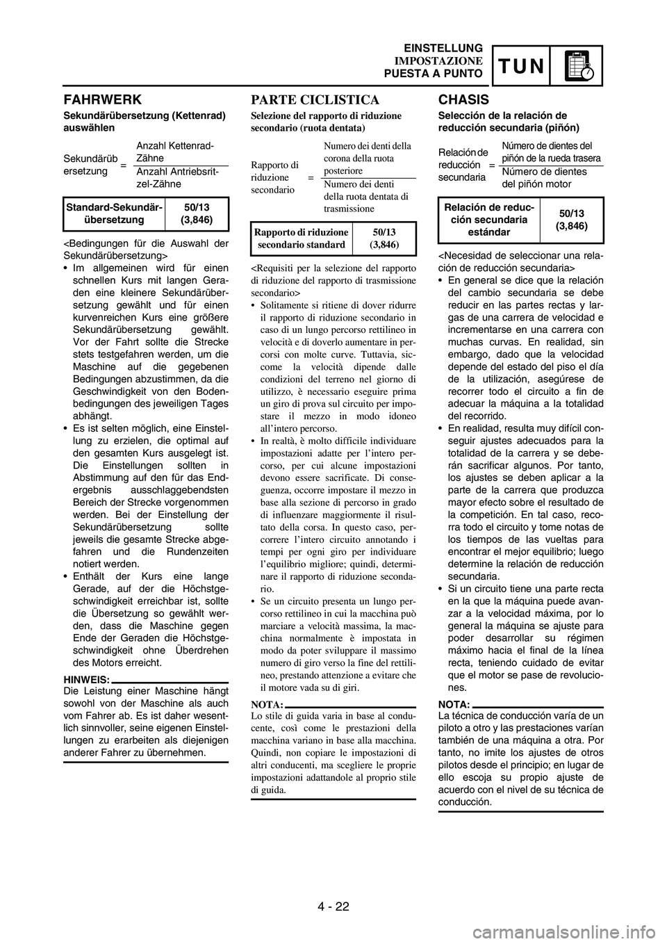 YAMAHA WR 250F 2007 Notices Demploi (in French) 4 - 22
TUN
FAHRWERK
Sekundärübersetzung (Kettenrad)
auswählen
<Bedingungen für die Auswahl der
Sekundärübersetzung>
Im allgemeinen wird für einen
schnellen Kurs mit langen Gera-
den eine klei YAMAHA WR 250F 2007 Notices Demploi (in French) 4 - 22
TUN
FAHRWERK
Sekundärübersetzung (Kettenrad)
auswählen
<Bedingungen für die Auswahl der
Sekundärübersetzung>
Im allgemeinen wird für einen
schnellen Kurs mit langen Gera-
den eine klei
