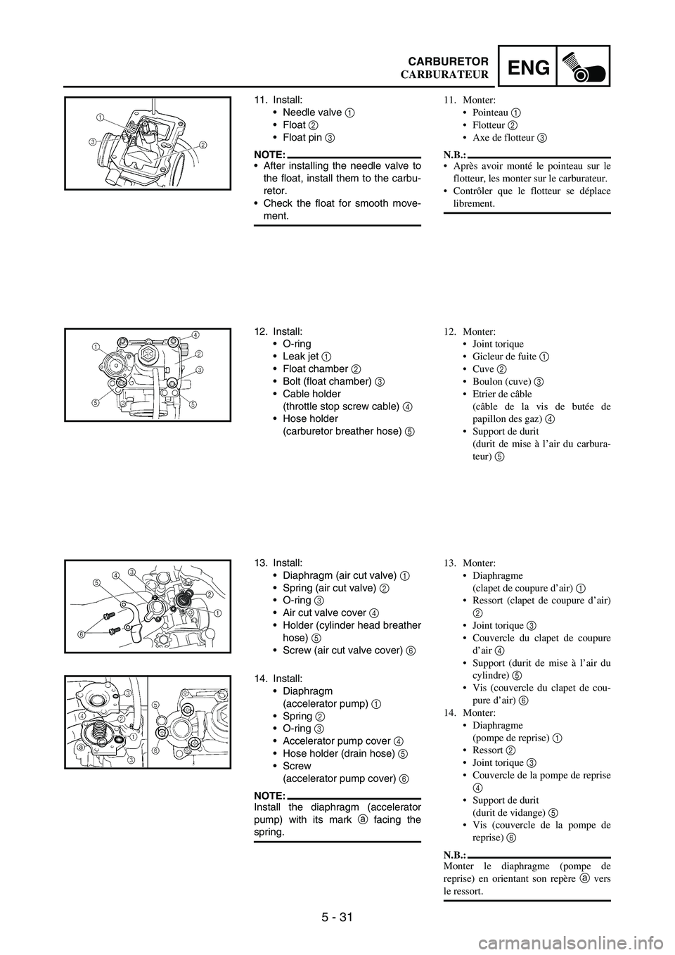 YAMAHA WR 250F 2007 Notices Demploi (in French) 5 - 31
ENGCARBURETOR
11. Install:
Needle valve
1
Float
2
Float pin
3
NOTE:After installing the needle valve to
the float, install them to the carbu-
retor.
Check the float for smooth move-
YAMAHA WR 250F 2007 Notices Demploi (in French) 5 - 31
ENGCARBURETOR
11. Install:
Needle valve
1
Float
2
Float pin
3
NOTE:After installing the needle valve to
the float, install them to the carbu-
retor.
Check the float for smooth move-