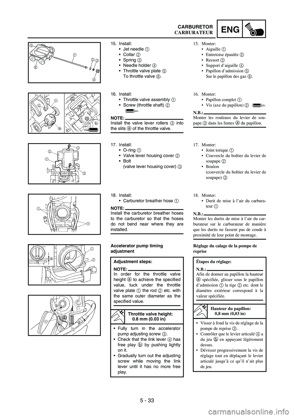 YAMAHA WR 250F 2007 Notices Demploi (in French) 5 - 33
ENGCARBURETOR
15. Install:
Jet needle
1
Collar
2
Spring
3
Needle holder
4
Throttle valve plate
5
To throttle valve
6.5
6
1
2
3
4
16. Install:
Throttle valve assembly
1
Screw YAMAHA WR 250F 2007 Notices Demploi (in French) 5 - 33
ENGCARBURETOR
15. Install:
Jet needle
1
Collar
2
Spring
3
Needle holder
4
Throttle valve plate
5
To throttle valve
6.5
6
1
2
3
4
16. Install:
Throttle valve assembly
1
Screw
