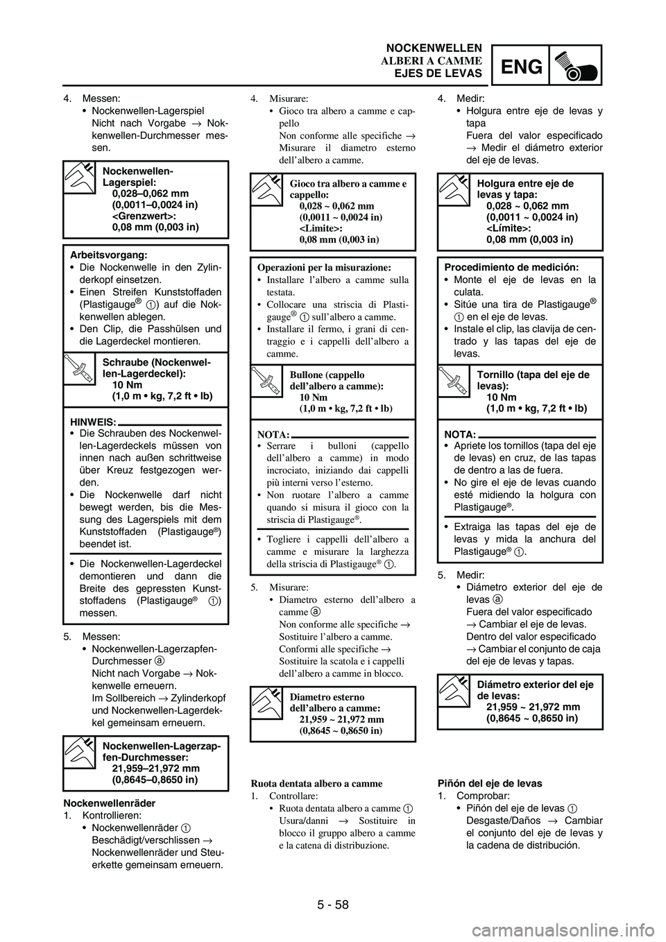 YAMAHA WR 250F 2007 Notices Demploi (in French) 5 - 58
ENG
4. Messen:
Nockenwellen-Lagerspiel
Nicht nach Vorgabe
→ Nok-
kenwellen-Durchmesser mes-
sen.
5. Messen:
Nockenwellen-Lagerzapfen-
Durchmesser
a
Nicht nach Vorgabe
→ Nok-
kenwell YAMAHA WR 250F 2007 Notices Demploi (in French) 5 - 58
ENG
4. Messen:
Nockenwellen-Lagerspiel
Nicht nach Vorgabe
→ Nok-
kenwellen-Durchmesser mes-
sen.
5. Messen:
Nockenwellen-Lagerzapfen-
Durchmesser
a
Nicht nach Vorgabe
→ Nok-
kenwell