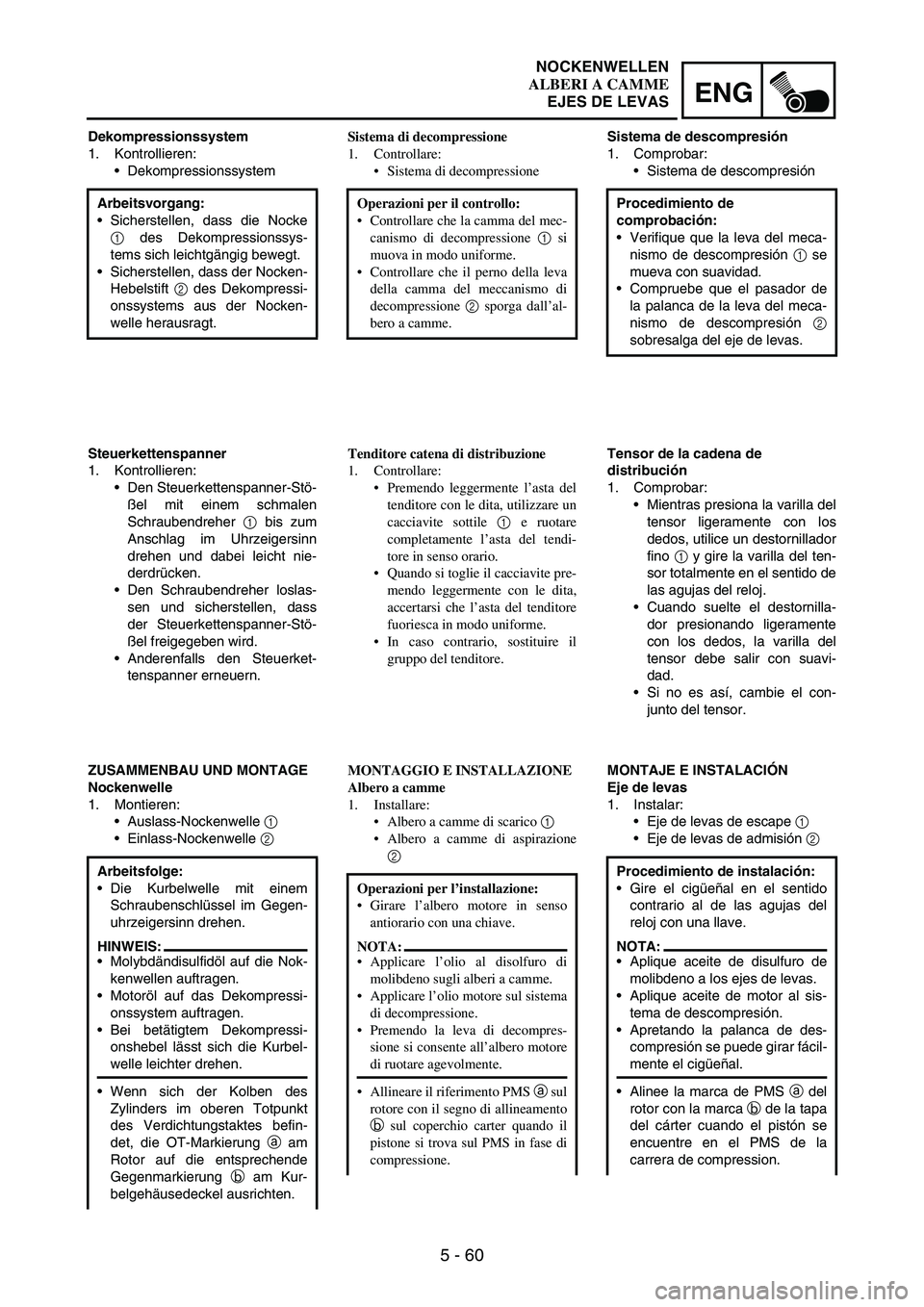YAMAHA WR 250F 2007 Notices Demploi (in French) 5 - 60
ENG
Dekompressionssystem
1. Kontrollieren:
Dekompressionssystem
Arbeitsvorgang:
Sicherstellen, dass die Nocke
1 des Dekompressionssys-
tems sich leichtgängig bewegt.
Sicherstellen, dass der YAMAHA WR 250F 2007 Notices Demploi (in French) 5 - 60
ENG
Dekompressionssystem
1. Kontrollieren:
Dekompressionssystem
Arbeitsvorgang:
Sicherstellen, dass die Nocke
1 des Dekompressionssys-
tems sich leichtgängig bewegt.
Sicherstellen, dass der