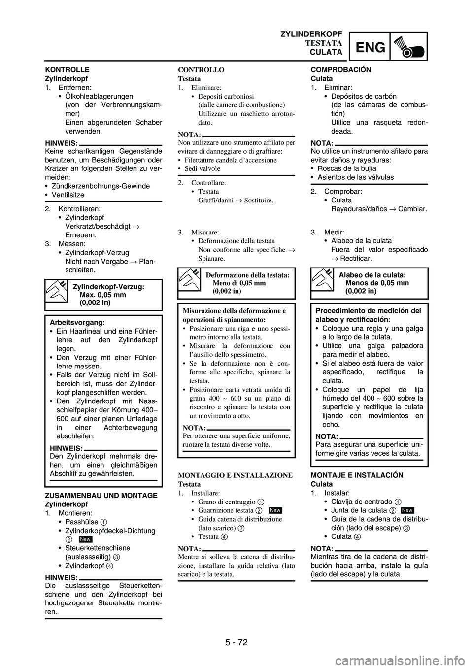 YAMAHA WR 250F 2007 Notices Demploi (in French) 5 - 72
ENG
KONTROLLE
Zylinderkopf
1. Entfernen:
Ölkohleablagerungen
(von der Verbrennungskam-
mer)
Einen abgerundeten Schaber
verwenden.
HINWEIS:
Keine scharfkantigen Gegenstände
benutzen, um Besch YAMAHA WR 250F 2007 Notices Demploi (in French) 5 - 72
ENG
KONTROLLE
Zylinderkopf
1. Entfernen:
Ölkohleablagerungen
(von der Verbrennungskam-
mer)
Einen abgerundeten Schaber
verwenden.
HINWEIS:
Keine scharfkantigen Gegenstände
benutzen, um Besch