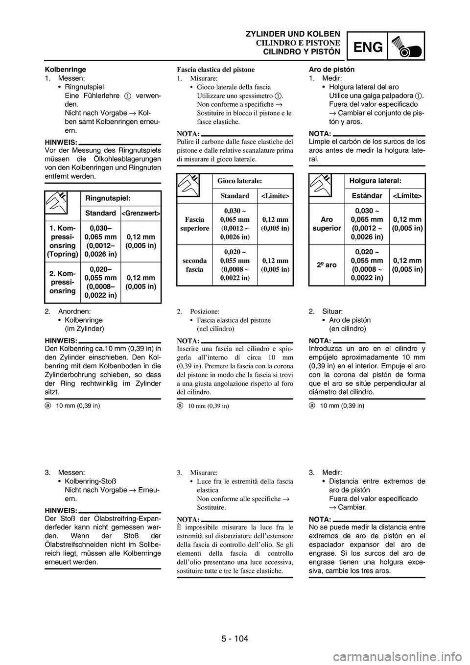 YAMAHA WR 250F 2007 Notices Demploi (in French) 5 - 104
ENG
Kolbenringe
1. Messen:
Ringnutspiel
Eine Fühlerlehre
1 verwen-
den.
Nicht nach Vorgabe
→ Kol-
ben samt Kolbenringen erneu-
ern.
HINWEIS:
Vor der Messung des Ringnutspiels
müssen di YAMAHA WR 250F 2007 Notices Demploi (in French) 5 - 104
ENG
Kolbenringe
1. Messen:
Ringnutspiel
Eine Fühlerlehre
1 verwen-
den.
Nicht nach Vorgabe
→ Kol-
ben samt Kolbenringen erneu-
ern.
HINWEIS:
Vor der Messung des Ringnutspiels
müssen di