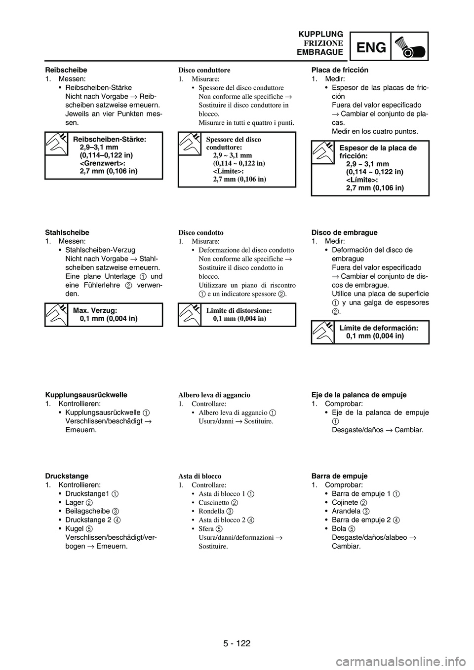 YAMAHA WR 250F 2007 Notices Demploi (in French) 5 - 122
ENG
Reibscheibe
1. Messen:
Reibscheiben-Stärke
Nicht nach Vorgabe
→ Reib-
scheiben satzweise erneuern.
Jeweils an vier Punkten mes-
sen.
Reibscheiben-Stärke:
2,9–3,1 mm
(0,114–0,122 YAMAHA WR 250F 2007 Notices Demploi (in French) 5 - 122
ENG
Reibscheibe
1. Messen:
Reibscheiben-Stärke
Nicht nach Vorgabe
→ Reib-
scheiben satzweise erneuern.
Jeweils an vier Punkten mes-
sen.
Reibscheiben-Stärke:
2,9–3,1 mm
(0,114–0,122
