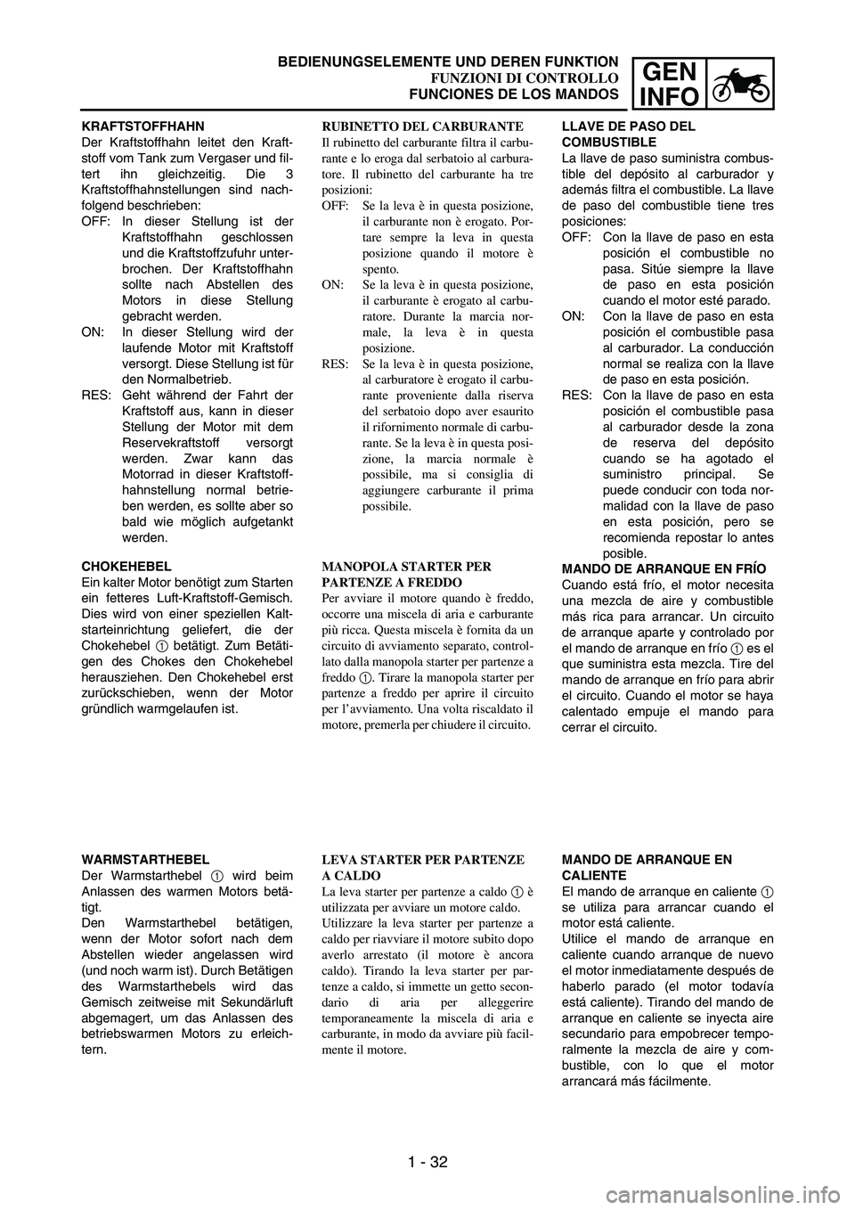 YAMAHA WR 250F 2007 Notices Demploi (in French) 1 - 32
GEN
INFO
KRAFTSTOFFHAHN
Der Kraftstoffhahn leitet den Kraft-
stoff vom Tank zum Vergaser und fil-
tert ihn gleichzeitig. Die 3
Kraftstoffhahnstellungen sind nach-
folgend beschrieben:
OFF: In d YAMAHA WR 250F 2007 Notices Demploi (in French) 1 - 32
GEN
INFO
KRAFTSTOFFHAHN
Der Kraftstoffhahn leitet den Kraft-
stoff vom Tank zum Vergaser und fil-
tert ihn gleichzeitig. Die 3
Kraftstoffhahnstellungen sind nach-
folgend beschrieben:
OFF: In d