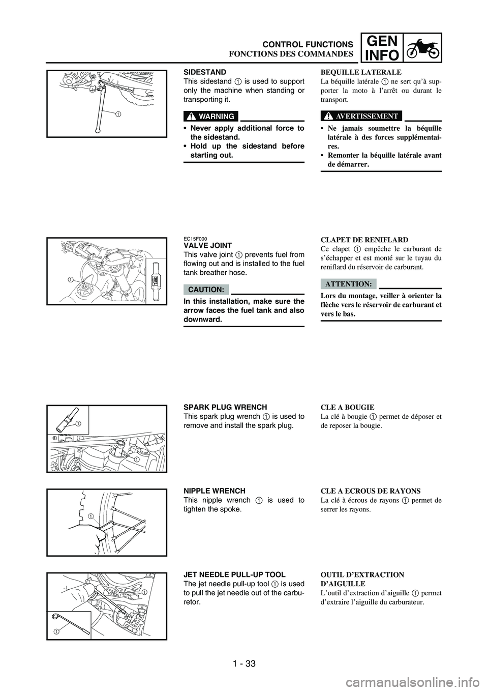 YAMAHA WR 250F 2007 Notices Demploi (in French) 1 - 33
GEN
INFO
SIDESTAND
This sidestand
1 is used to support
only the machine when standing or
transporting it.
WARNING
Never apply additional force to
the sidestand.
Hold up the sidestand before
YAMAHA WR 250F 2007 Notices Demploi (in French) 1 - 33
GEN
INFO
SIDESTAND
This sidestand
1 is used to support
only the machine when standing or
transporting it.
WARNING
Never apply additional force to
the sidestand.
Hold up the sidestand before