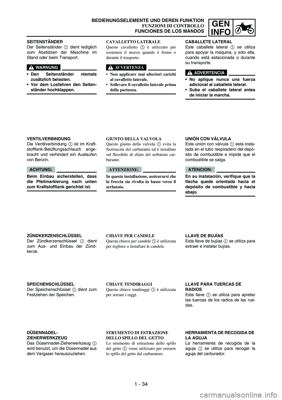 YAMAHA WR 250F 2007 Notices Demploi (in French) 1 - 34
GEN
INFO
SEITENSTÄNDER
Der Seitenständer
1 dient lediglich
zum Abstützen der Maschine im
Stand oder beim Transport.
WARNUNG
Den Seitenständer niemals
zusätzlich belasten.
Vor dem Losfah YAMAHA WR 250F 2007 Notices Demploi (in French) 1 - 34
GEN
INFO
SEITENSTÄNDER
Der Seitenständer
1 dient lediglich
zum Abstützen der Maschine im
Stand oder beim Transport.
WARNUNG
Den Seitenständer niemals
zusätzlich belasten.
Vor dem Losfah