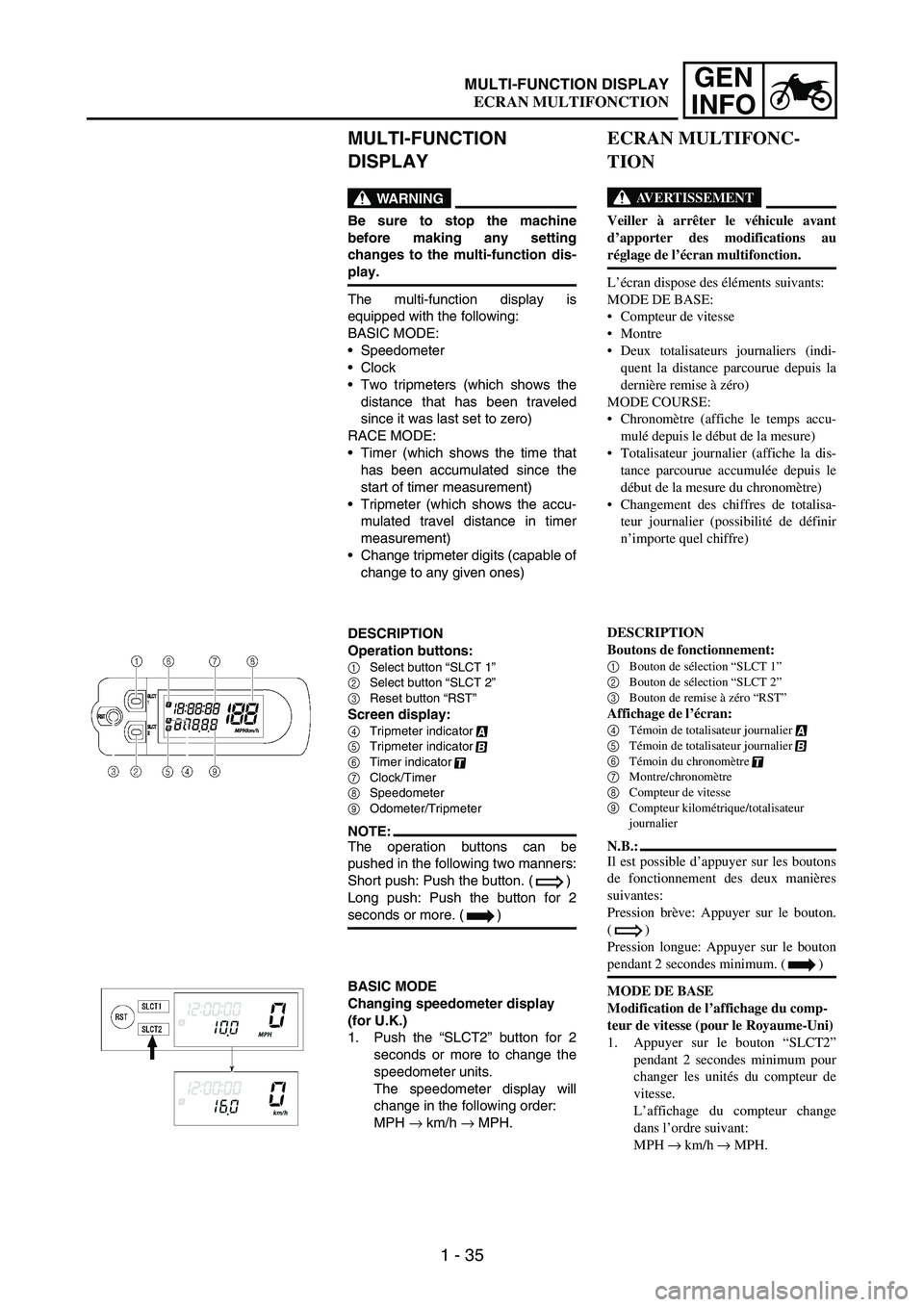 YAMAHA WR 250F 2007  Notices Demploi (in French) 1 - 35
GEN
INFOMULTI-FUNCTION DISPLAY
MULTI-FUNCTION 
DISPLAY
WARNING
Be sure to stop the machine
before making any setting
changes to the multi-function dis-
play.
The multi-function display is
equip