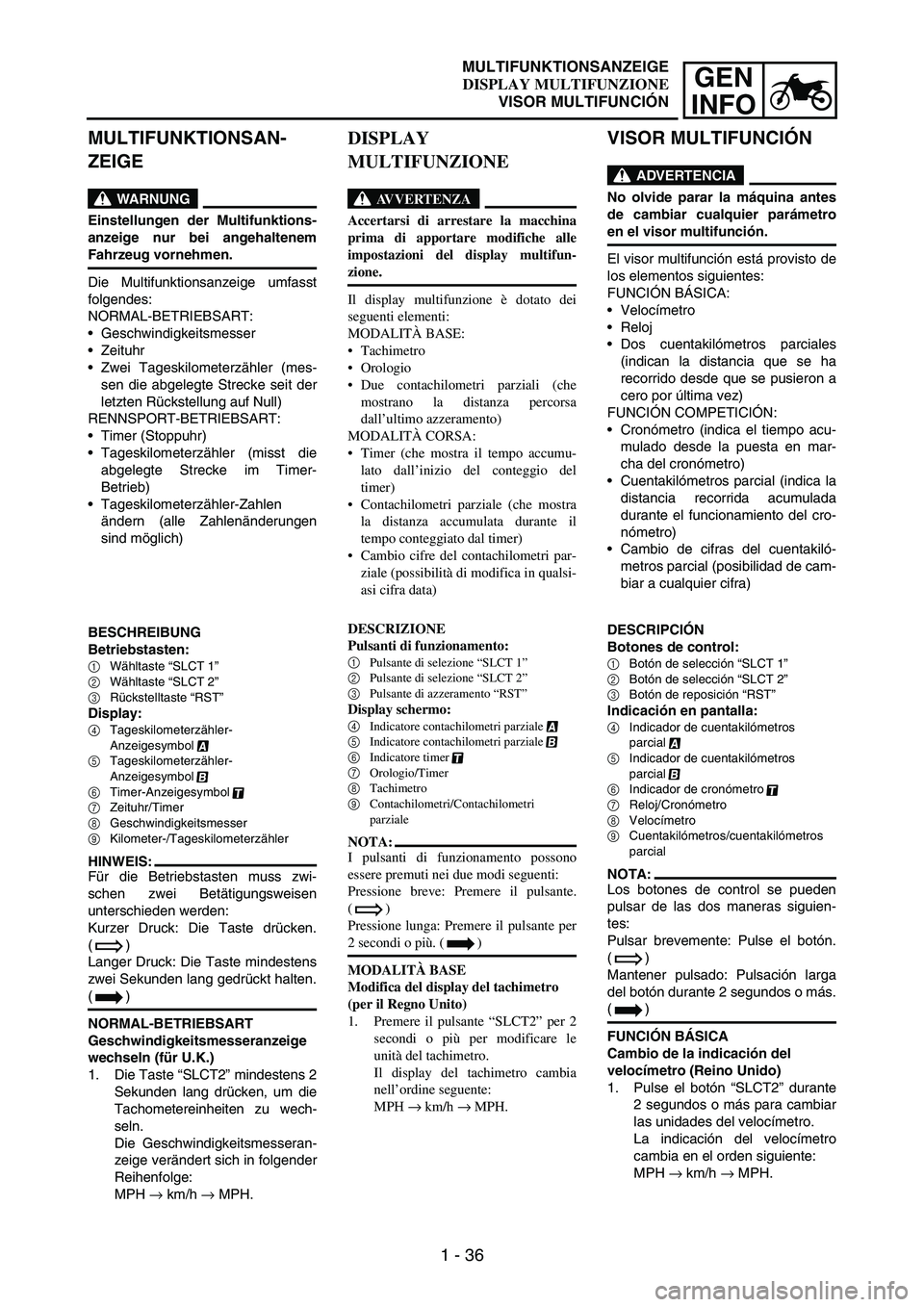 YAMAHA WR 250F 2007 Owners Manual 1 - 36
GEN
INFO
MULTIFUNKTIONSAN-
ZEIGE
WARNUNG
Einstellungen der Multifunktions-
anzeige nur bei angehaltenem
Fahrzeug vornehmen.
Die Multifunktionsanzeige umfasst
folgendes:
NORMAL-BETRIEBSART:
Ges YAMAHA WR 250F 2007 Owners Manual 1 - 36
GEN
INFO
MULTIFUNKTIONSAN-
ZEIGE
WARNUNG
Einstellungen der Multifunktions-
anzeige nur bei angehaltenem
Fahrzeug vornehmen.
Die Multifunktionsanzeige umfasst
folgendes:
NORMAL-BETRIEBSART:
Ges