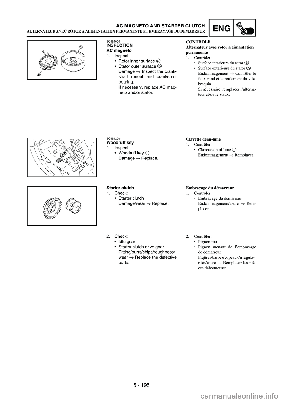 YAMAHA WR 250F 2007 Notices Demploi (in French) 5 - 195
ENGAC MAGNETO AND STARTER CLUTCH
EC4L4000INSPECTION
AC magneto
1. Inspect:
Rotor inner surface
a
Stator outer surface
b
Damage
→ Inspect the crank-
shaft runout and crankshaft
bearing YAMAHA WR 250F 2007 Notices Demploi (in French) 5 - 195
ENGAC MAGNETO AND STARTER CLUTCH
EC4L4000INSPECTION
AC magneto
1. Inspect:
Rotor inner surface
a
Stator outer surface
b
Damage
→ Inspect the crank-
shaft runout and crankshaft
bearing