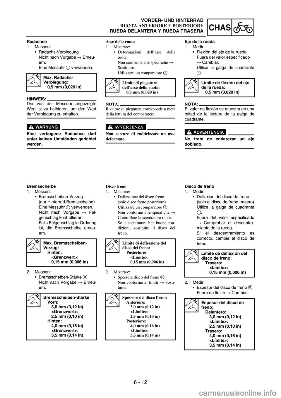 YAMAHA WR 250F 2007 Notices Demploi (in French) 6 - 12
CHAS
Radachse
1. Messen:
Radachs-Verbiegung
Nicht nach Vorgabe
→ Erneu-
ern.
Eine Messuhr
1 verwenden.
HINWEIS:
Der von der Messuhr angezeigte
Wert ist zu halbieren, um den Wert
der Verbie YAMAHA WR 250F 2007 Notices Demploi (in French) 6 - 12
CHAS
Radachse
1. Messen:
Radachs-Verbiegung
Nicht nach Vorgabe
→ Erneu-
ern.
Eine Messuhr
1 verwenden.
HINWEIS:
Der von der Messuhr angezeigte
Wert ist zu halbieren, um den Wert
der Verbie