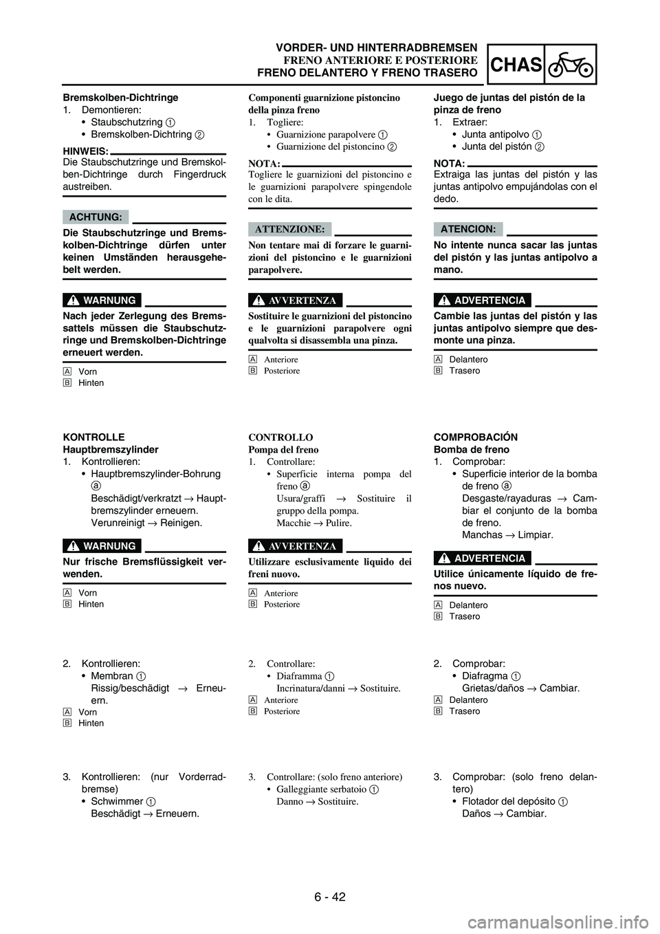 YAMAHA WR 250F 2007 Notices Demploi (in French) 6 - 42
CHAS
Bremskolben-Dichtringe
1. Demontieren:
Staubschutzring
1
Bremskolben-Dichtring
2
HINWEIS:
Die Staubschutzringe und Bremskol-
ben-Dichtringe durch Fingerdruck
austreiben.
ACHTUNG:
Die YAMAHA WR 250F 2007 Notices Demploi (in French) 6 - 42
CHAS
Bremskolben-Dichtringe
1. Demontieren:
Staubschutzring
1
Bremskolben-Dichtring
2
HINWEIS:
Die Staubschutzringe und Bremskol-
ben-Dichtringe durch Fingerdruck
austreiben.
ACHTUNG:
Die